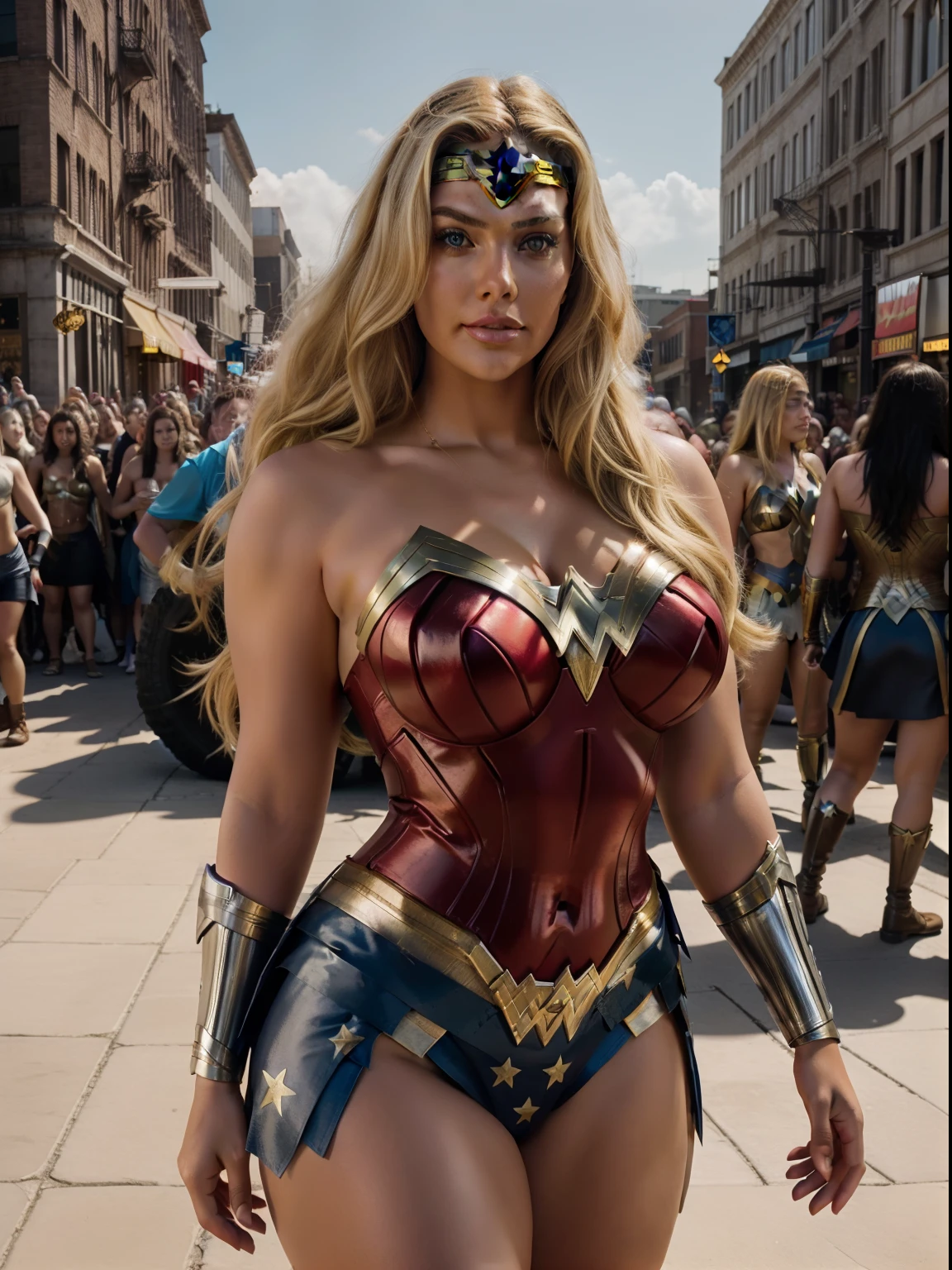 Tire um retrato de uma Plus Size Blonde Hair, standing with the Wonder Woman costume theme with vibrant blonde hair and a crowd in the background, She's happy and posing as Wonder Woman. High contrast lighting with incoming wind sunlight. RAW export with amazing LUT lighting, corpo plus size, mulher plus size y.