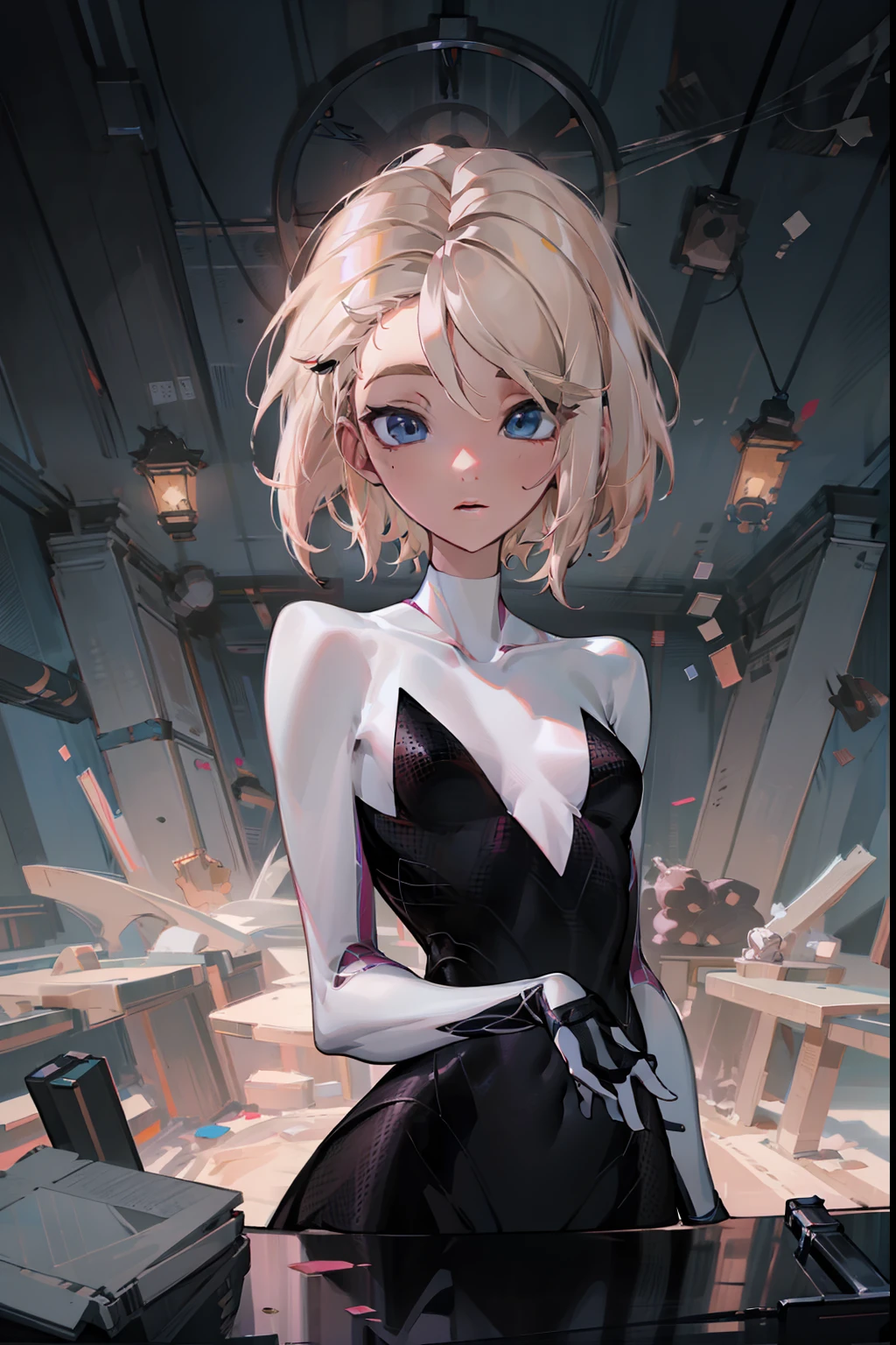 Illustration, UHD, retina, masterpiece, accurate, anatomically correct, super detail, high details, high quality, award winning, best quality, highres, good anatomy, 1080P, HD, 4K, 8k, 16k, 1girl, dynamic pose, androgynous,upper body potrait, detailed eyes, detailed clothes, detailed hair, rendering, 2 hands, 5 fingers, 2 legs, Gwen Stacy, cute,