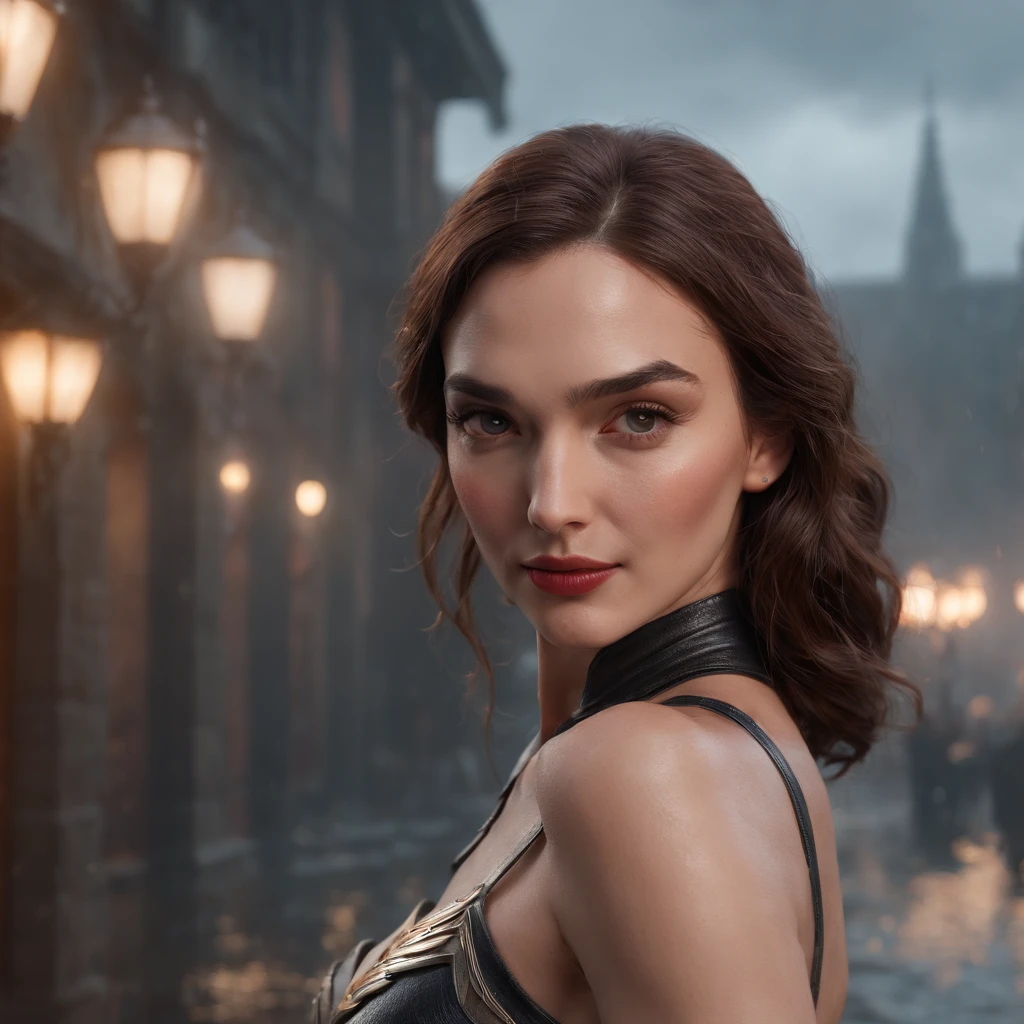 (professional 3d render:1.3) af (Realistic:1.3) most beautiful artwork photo in the world,(((gal gadot))) as harley quinn at a realistic gothan city with night lighs, full body 8k unity render, action shot, skin pore, very dark lighting, heavyshading, Detailed, Detailed face, (vibrant, photograph realistic, Realistic, Dramatic, Dark, Sharp focus, 8K), (Old leather garments damaged by weathering:1.4), ((((Wear fur)))), (Intricate:1.4), decadent, (Highly detailed:1.4), Digital painting, rendering by octane, art stations, concept-art, smooth, Sharp focus, illustration, Art germ, (loish:0.23), wlop ilya kuvshinov, and greg rutkowski and alphonse mucha gracias, (Global illumination, Studio light, volumettic light), heavy rain, particles floating, lotr, fantasy, elf, full bodyesbian, ((Dark and ancient city background:1.3)),CGSesociety,art stations, beautiful smile, red hair.