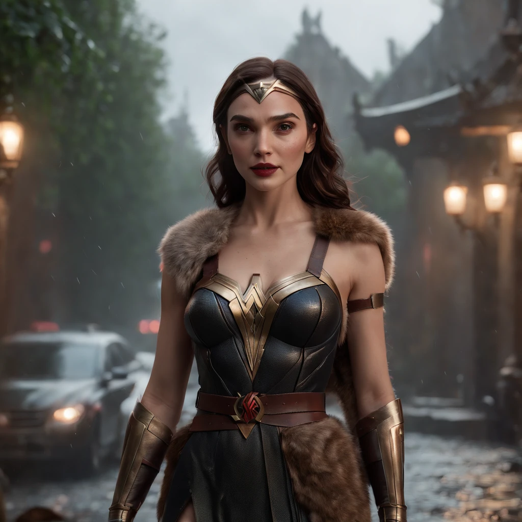 (professional 3d render:1.3) af (Realistic:1.3) most beautiful artwork photo in the world,(((gal gadot))) as harley quinn at a realistic gothan city with night lighs, full body 8k unity render, action shot, skin pore, very dark lighting, heavyshading, Detailed, Detailed face, (vibrant, photograph realistic, Realistic, Dramatic, Dark, Sharp focus, 8K), (Old leather garments damaged by weathering:1.4), ((((Wear fur)))), (Intricate:1.4), decadent, (Highly detailed:1.4), Digital painting, rendering by octane, art stations, concept-art, smooth, Sharp focus, illustration, Art germ, (loish:0.23), wlop ilya kuvshinov, and greg rutkowski and alphonse mucha gracias, (Global illumination, Studio light, volumettic light), heavy rain, particles floating, lotr, fantasy, elf, full bodyesbian, ((Dark and ancient city background:1.3)),CGSesociety,art stations, beautiful smile, red hair.