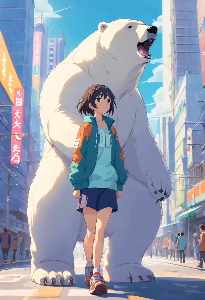 ((foto crua)), ((obra-prima)), Anthropomorphic humanoid polar bear wearing streetwear, andando entre as pessoas, detalhe intrincado, intricate Greebles pieces, city behind, casaco, corpo musculoso, muscular arms, small head, Ogro monstruoso, Titan, soft-lighting