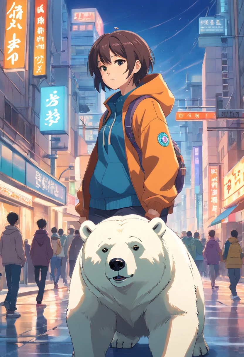 ((foto crua)), ((obra-prima)), Anthropomorphic humanoid polar bear wearing streetwear, andando entre as pessoas, detalhe intrincado, intricate Greebles pieces, city behind, casaco, corpo musculoso, muscular arms, small head, Ogro monstruoso, Titan, soft-lighting