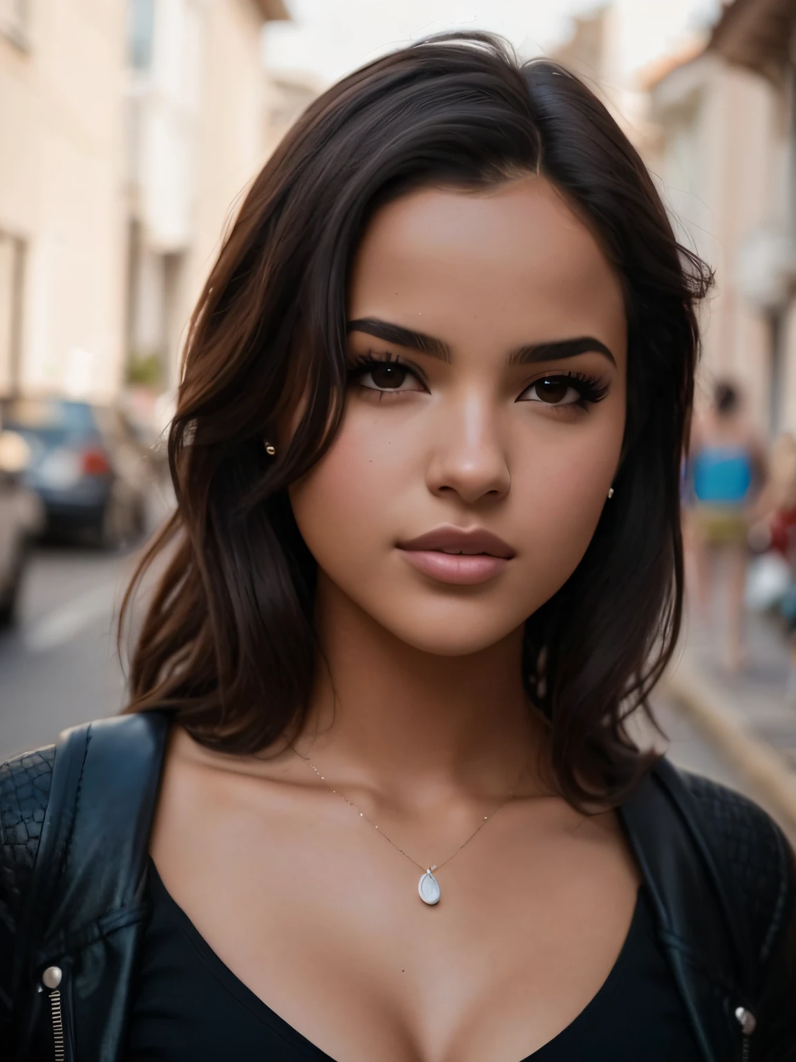 mulher arafed com um top preto e uma jaqueta preta, Retrato Sophie Mudd, Isabela Moner, mulher atraente, mulher linda, lindo rosto atraente, Directed by: Emma Andijewska, mulher muito bonita, foto de uma mulher bonita, linda mulher bonita, menina com cabelo castanho escuro, she is wearing a black tank top, rosto bonito atraente, mulher morena