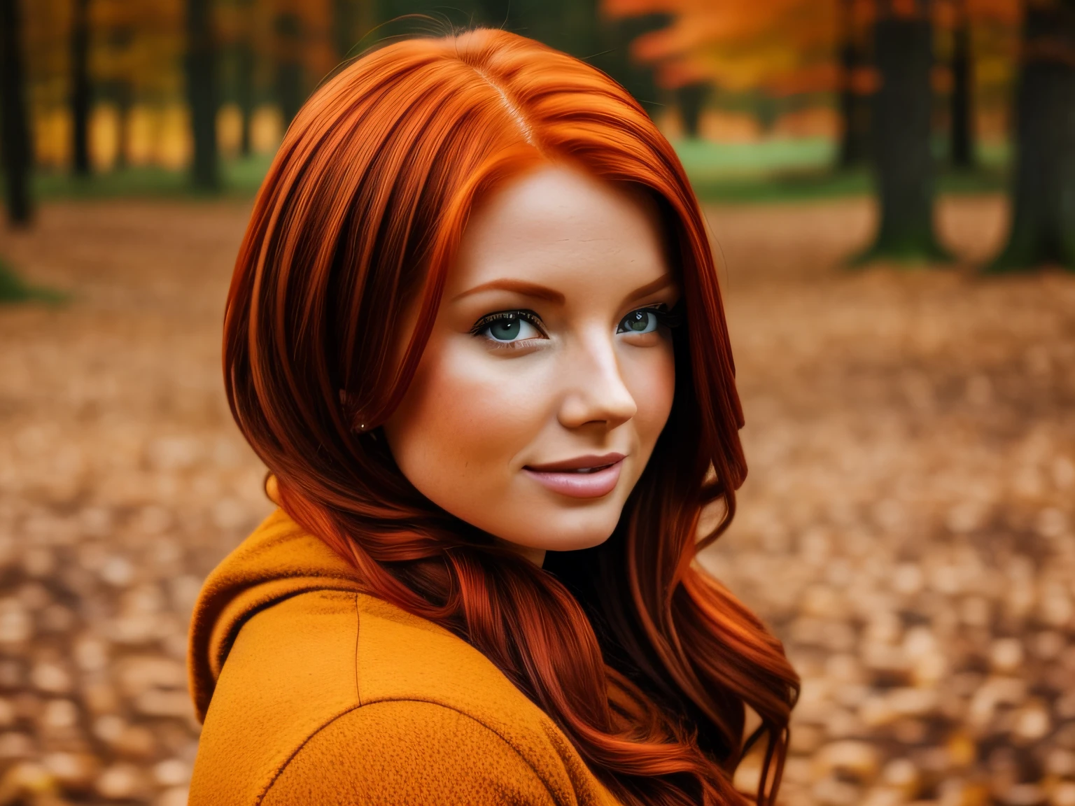 picture of attractive redhead woman model symbolizing autumn season over background