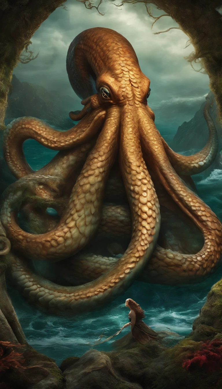 (extremadamente detallado, obra maestra, La mejor calidad), Estilo oscuro, intense illumination, rostro con arrugas, lengua larga, tentacle, deforme, monstruoso, interior de una piscina de agua verdosa, imagen submarina, alien con Colmillos finos, pico de pulpo amenazante. manchas de tinta. Rococo composition. Luz de caravaggio
