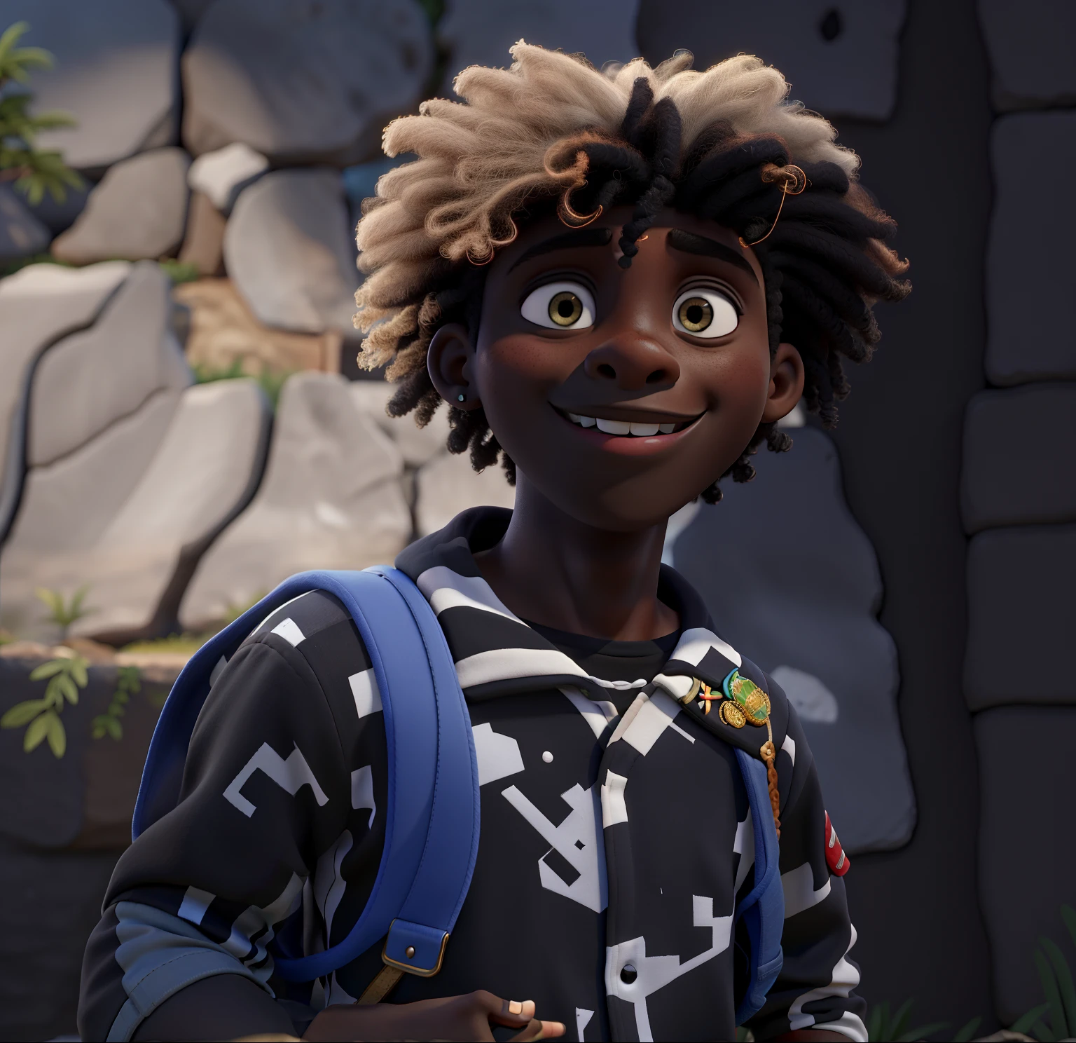 Obra prima de um jovem ?????, aproximadamente 25 anos, cavanhaque preto, Feliz, coro, com uma mochila no ombro, roupas elegantes, estilo streetwar, lindo e elegante, cabelo black-power preto com detalhes loiros, Ao fundo, um muro feito com pedras e ao lado um coqueiro lindo, blurry background in high definition, The work should be in crisp 8K with cinematic lighting