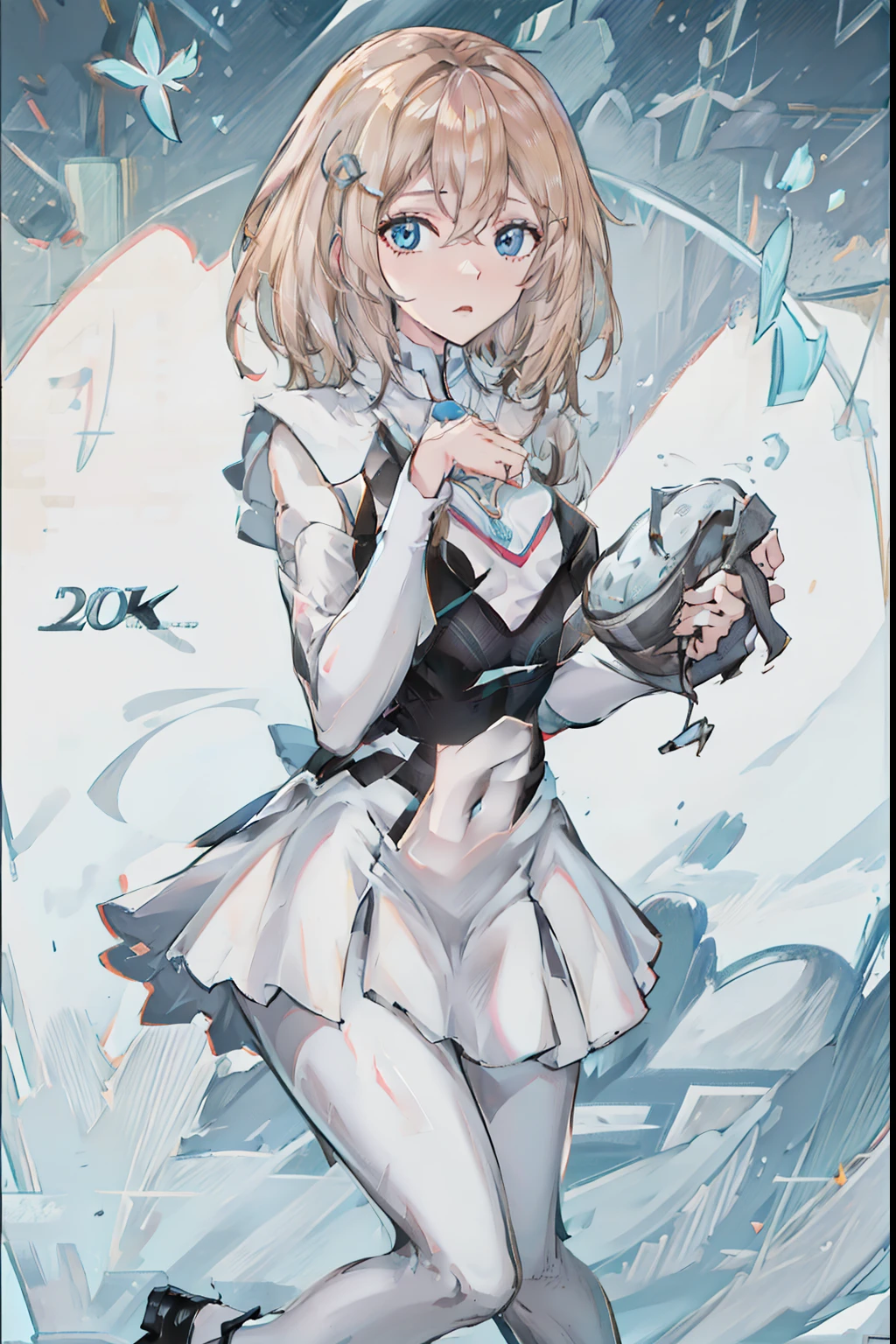 Illustration, UHD, retina, masterpiece, accurate, anatomically correct, super detail, high details, high quality, award winning, best quality, highres, good anatomy, 1080P, HD, 4K, 8k, 16k, 1girl, dynamic pose, androgynous,upper body potrait, detailed eyes, detailed clothes, detailed hair, rendering, 2 hands, 5 fingers, 2 legs, Gwen Stacy, cute,