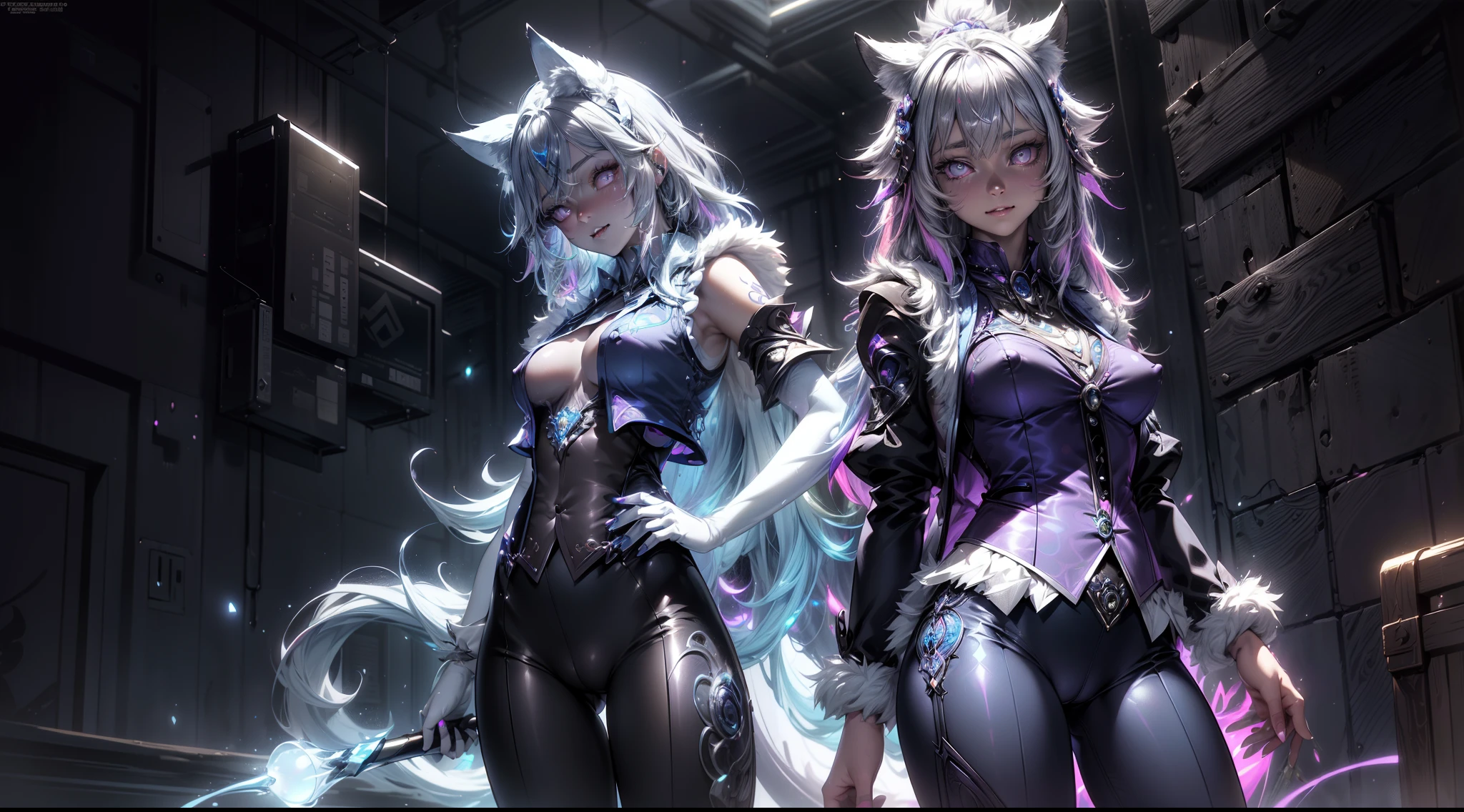spiritual blue fire fluffy fox girl, (fluffy fox ears, fluffy fox tail), (spirit, spiritual:1.4), (blue fire:1.5), 1girl, perfect and well designed glowing shiny eyes, (beautiful detailed eyes:1.05), natural breasts, slim body, beautiful and delicate cute face, (face detail), ((realistic face)), pores, ((pale grey skin)), detailed skin, realistic skin, (((bioluminescence))), ((shiny skin)), ((glowing speckles on skin)), (fangs:1.5), (multicolored gradation skin), (monster girl:1.25), (fur body:1.4), human face, medium length hair, hair voluminous, (((((multicolored gradation hair))))), super high resolution, 8k, parameters Best quality, (masterpiece:1.4), (magic accessories:1.4), bracelets, extremely detailed thick tight ({nylon|lycra}:1.5) pastel bright ((dark blue, (blue:0.4), silver:1.3), (pink, purple:0.75)) ornate ((shirt with stand-up collar:1.5), (vest:1.75), (pants:1.5)), (tight clothes:1.4), (standing nipples under cloth:1.35), (cameltoe:1.5), (ornaments on clothing:1.5), (neckline:1.45), (cleavage:1.2), decolette, navel, Young Girl, Little Beast, (Smile:0.7), (pale Skin:1.4), ((tattoos all over body, Tribal tattoos all over legs)), ultra detailed, photorealistic, ((Real image)), (best quality:1.4), super high resolution, (Realistic 2.0), More details, (((1girl))), urbanism, futuristic, {fantasy|cyberpunk}, technologies, (beautiful and aesthetic:1.2), (fractal art:1.4), (cinematic light:1.1), (DUTCH ANGLE:1.3), 16K, HDR, RTX, Ray Tracing, Radiosity, Anisotropic Filtering, Subsurface Scattering, (((magic lights))), metallic reflections, Detailed, Realistic, 4k highly detailed digital art, (cool_color), extremely detailed CG unity 8k wallpaper, vibrant colors, (((seductive pose)))