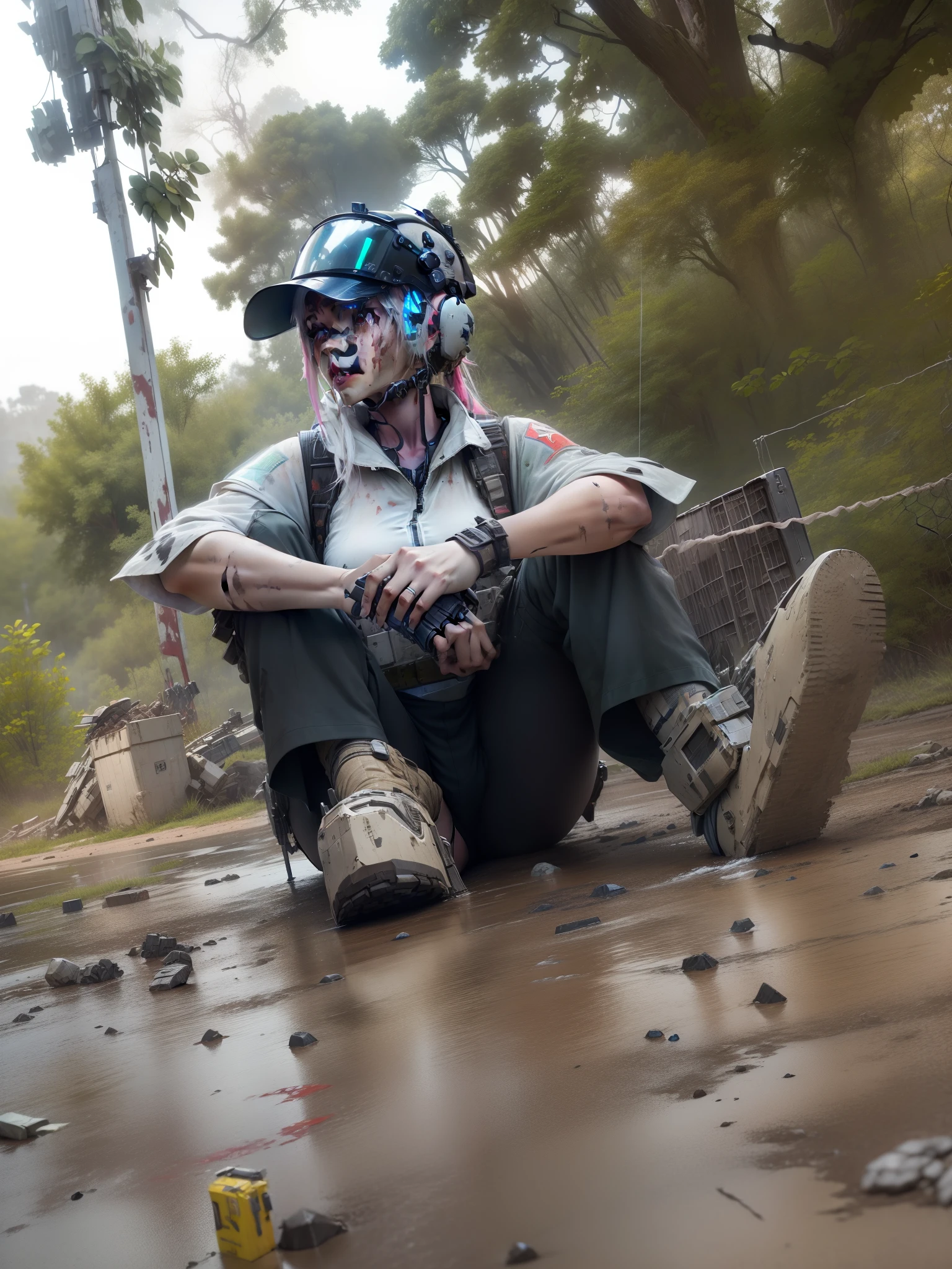 Postapocalyptic combat scene with a Beautiful hyperrealistic photograph of cute Young Swedish woman with Runic tattoos, ((dirty face Blood splattered)), Kaftan, (((wearing full heavy mecha armor, combat harness, Neon highlights))) Short Red Dreadlocks, combat pose, (((Holding on to the side of a combat Sci-Fi Combat helicopter))), exterior of Destroyed building, Fires, Smoke, debris, Camo netting, Ammo Boxes, Rain, Stormy, Wet, abstract beauty, near perfection, pure form, intricate detail, 8k post-production, High resolution, super Detail, trending on ArtStation, sharp focus, studio photos, intricate detail, Very detailed, By Greg Rutkowski