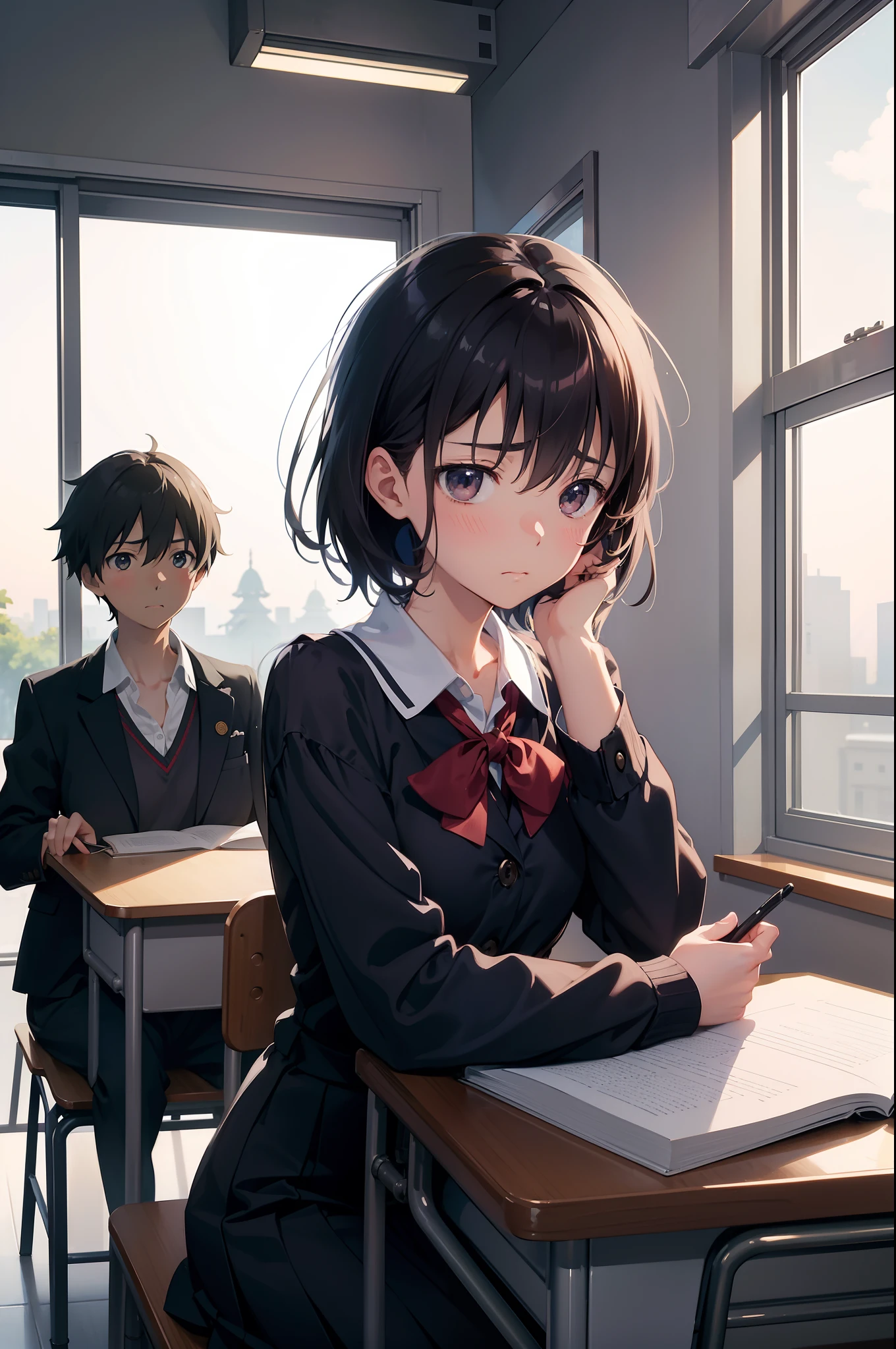 Create an exquisite illustration reminiscent of Makoto Shinkai's style, characterized by its superfine detail and top-tier quality. In a school classroom, a poignant scene unfolds. A young girl sits at her desk, her gaze lowered as she looks down in shyness and embarrassment, her cheeks tinted with a blush.