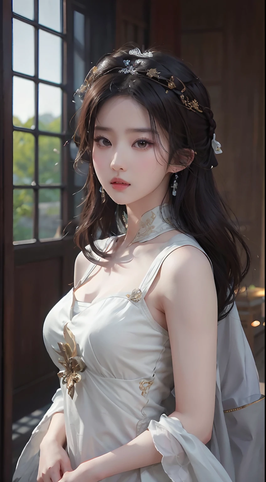 Wearing a white dress,Wears a gold headdress,trending on cgstation, Guviz-style artwork, Inspired by Lan Ying, Inspired by Huang Ji, Realistic. Cheng Yi, Palace , A girl in Hanfu, trending at cgstation, IG model | Art germ, Inspired by Tang Yifen, White Hanfu