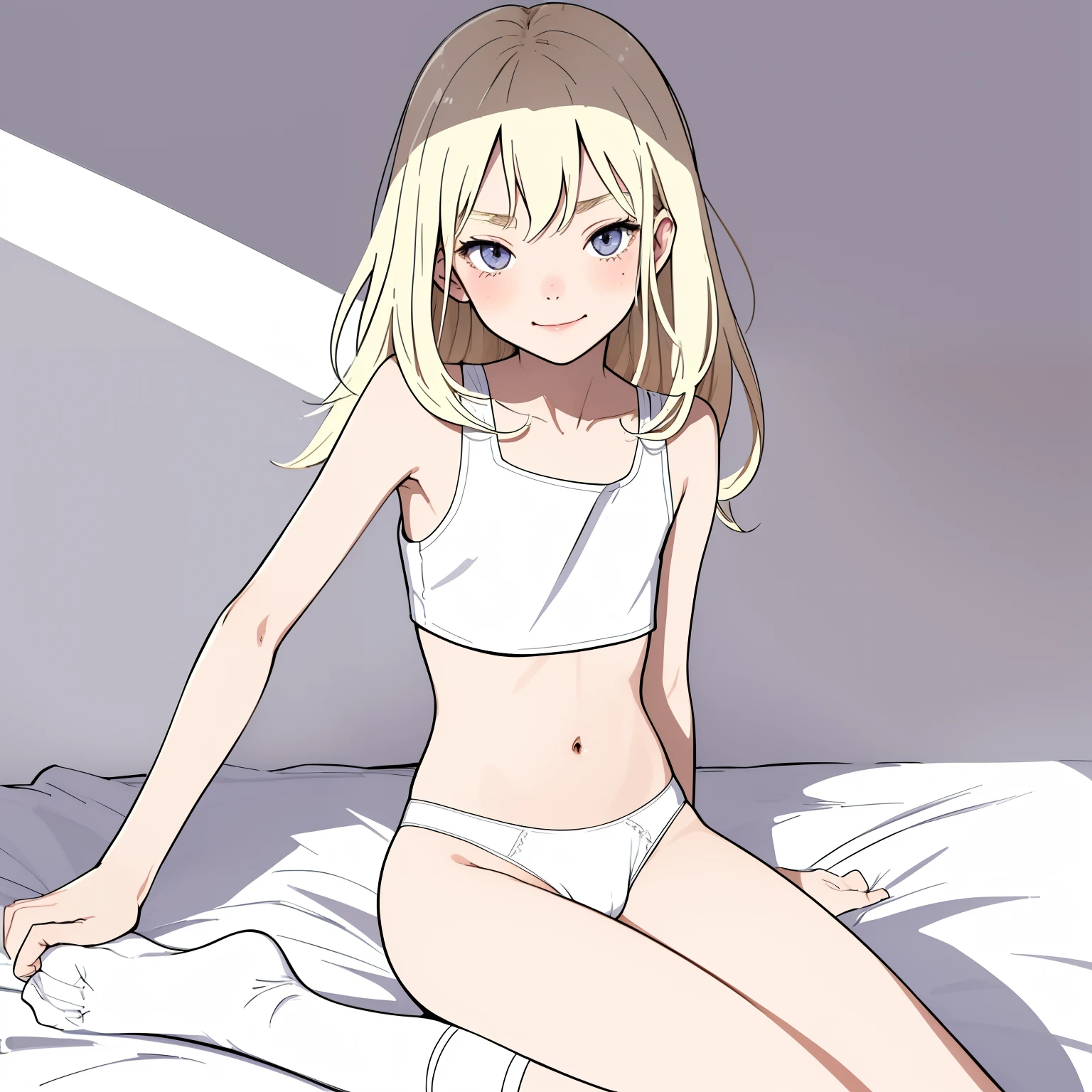 (superflat, flat shading, flat colors:1.1), 1girl, petite, ****, slim, small breast, messy blonde hair, white crop top, (white panties), (white socks), smile, blush, sleepy, sitting on bed, awake, bedroom, bright sunlight, warm, best shadows, watercolor,