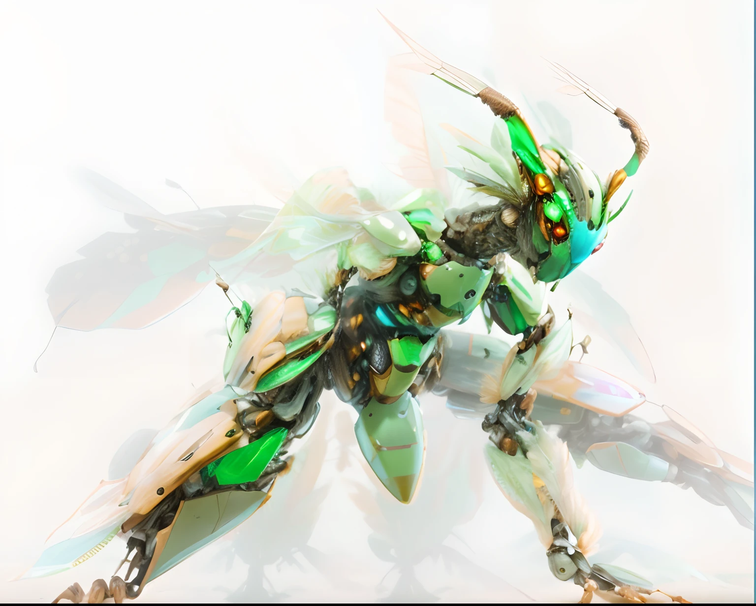 Feathered insects insectoid, Full of insect robots, Biopunk Cyborg Wasp, Insect robot, insects, Made of insects, , A hyper-realistic, Weta, Steampunk robot ants, full pose, cyborgs Feathered insects vibrant greenery