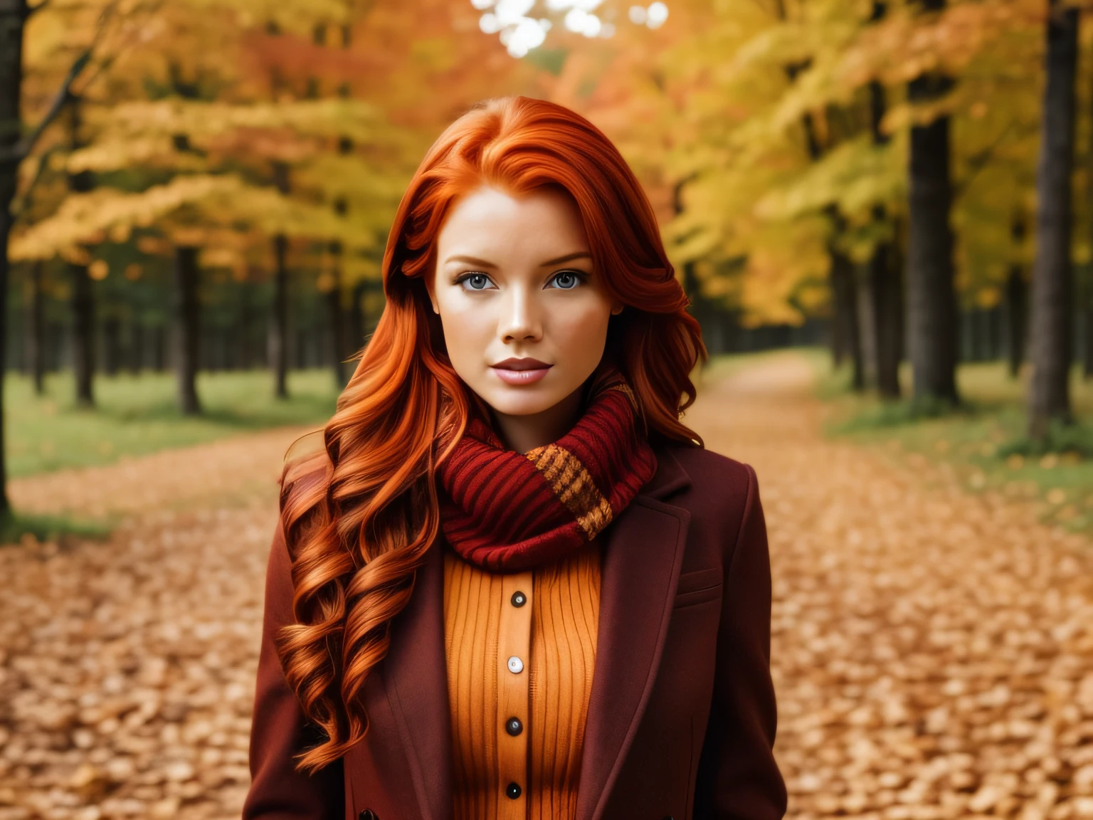 picture of attractive redhead woman model symbolizing autumn season over background
