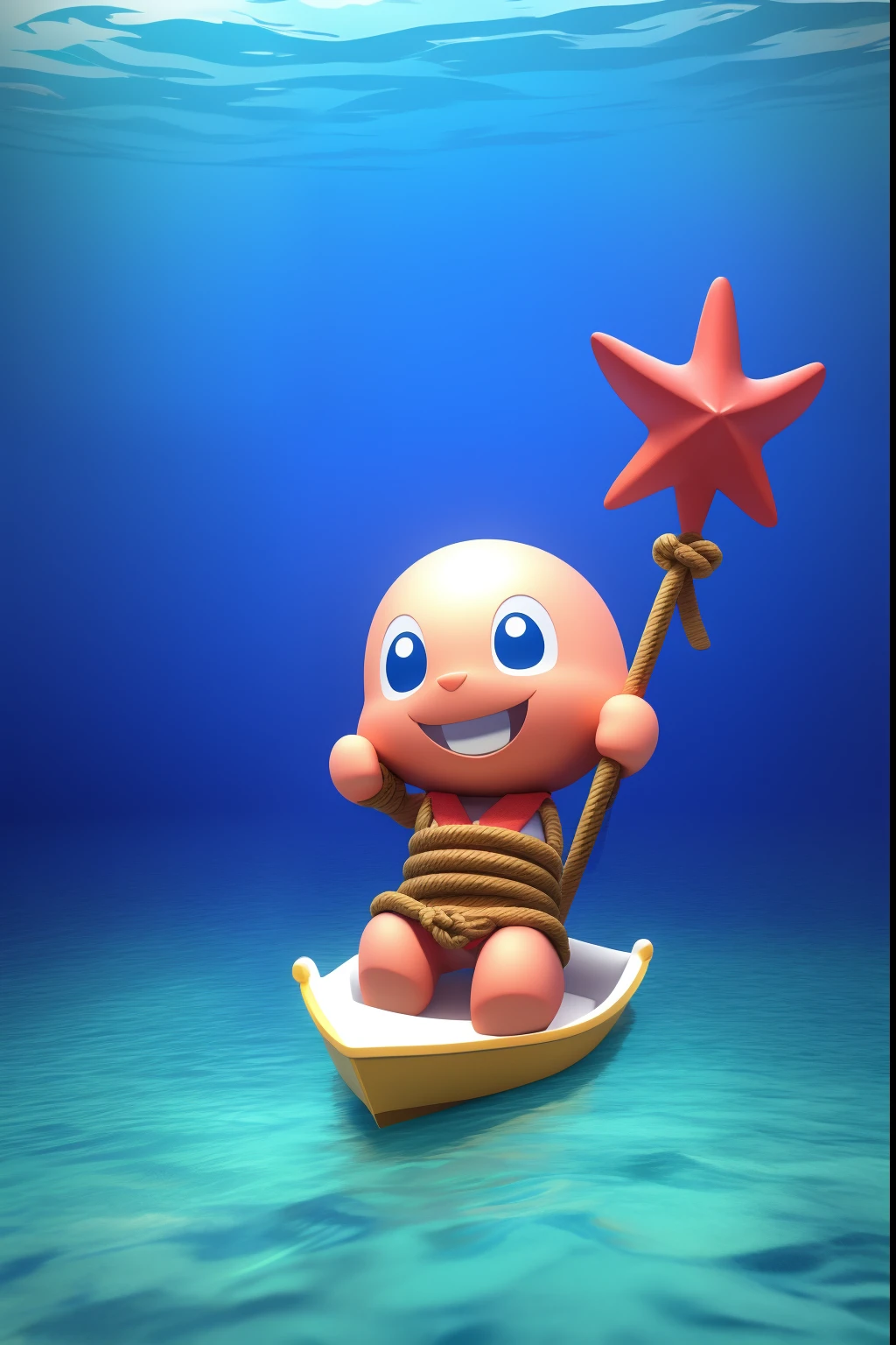 Modern abstract painting,Anime effects,A small red starfish with a facial expression,A little baby sitting in a little white boat in the royal blue sea,The little baby pulls a golden rope in his hand,The rope leads the little red starfish,The little baby smiled happily,Grin,The little starfish looked shocked,ocean floor,dream magical,3d effect,Numeral drawing