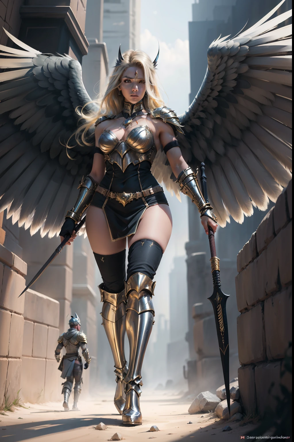 DC Comics' "Hawkwoman" is Shiera Hall, a Hawkgirl in DC Comics. She is often portrayed with the following physical characteristics:
Hair: Shiera Hall has long blonde hair, usually worn loose or slightly wavy.
Eyes: Her eyes are portrayed as blue or green, depending on artistic interpretation.
Outfit: Shiera Hall's classic outfit consists of a warrior outfit that includes golden or tan armor that covers her chest and shoulders. She wears a skirt or tunic also in shades of bronze, as well as boots and bracelets.
Wings: Like Hawkgirl, Shiera has artificial wings on her back that allow her to fly. These wings are often depicted with a metallic appearance.
Clothing: Kendra Saunders's attire is generally more modern and combat-oriented than Shiera Hall's. She wears a full-body costume, often in black and silver, with wing details incorporated into the back and tall boots.
weapon used: The hawk halberd is a long-handled spear, usually made of some metallic or futuristic material, depending on the artistic interpretation and series. She is notable for having sharp blades on her ends, which resemble hawk wings, which is a reference to her name and her connection to the bird., (slender body: 1.5), (Minimum clothing: 1.5), ( big breasts: 1.3), (hanging breasts: 1.5), (disproportionate breasts: 1.4), (realism:1.5), (Realisitc:1.4), (Absurd:1.4), 8k, ultra-detailed, detailed handsome man, (only :1.4), 1girl, (Viewer facing:1.2), Intricate body details, (Curvy:1.3), (short:1.3)