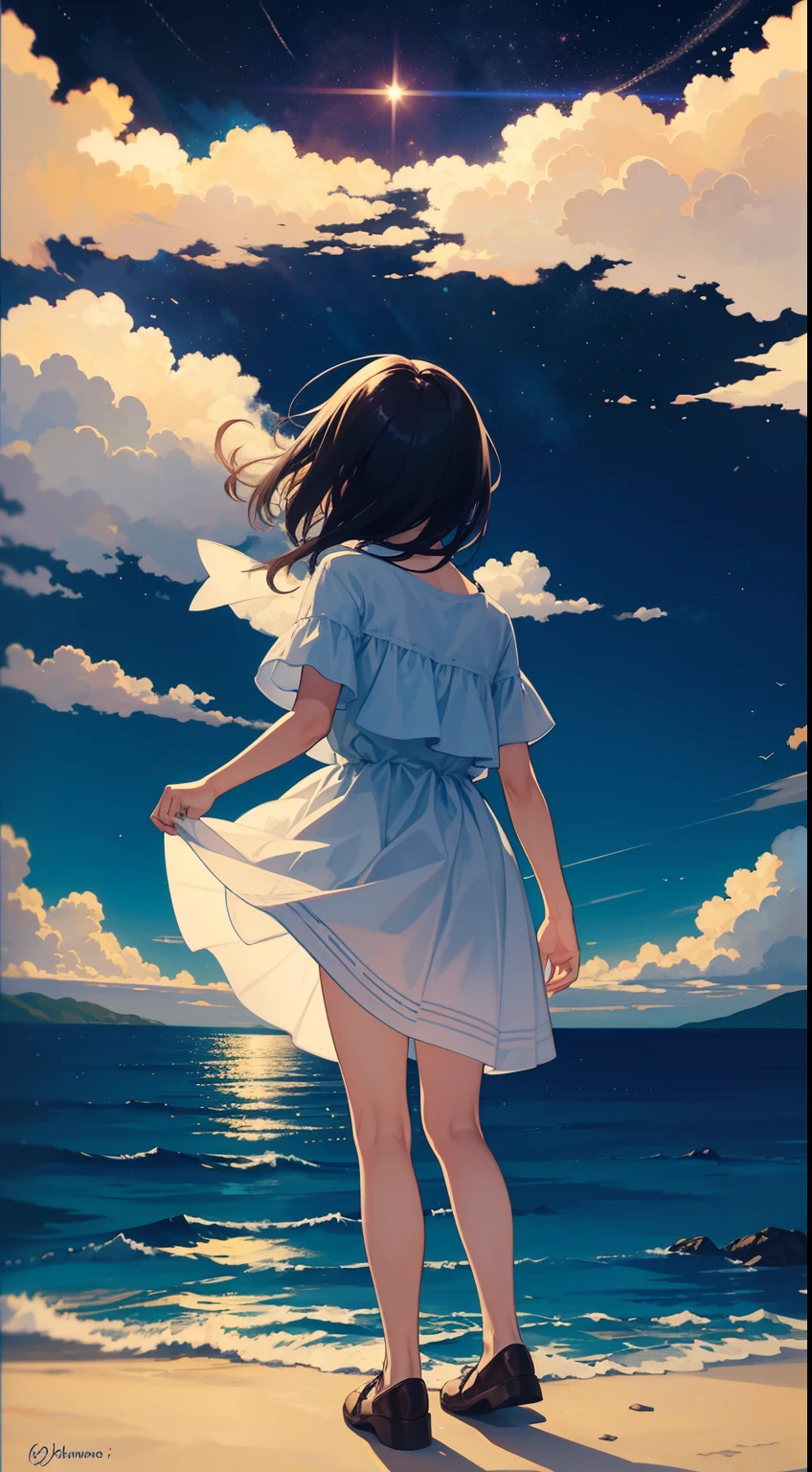 A painting of a girl standing on a beach looking at the ocean - SeaArt AI