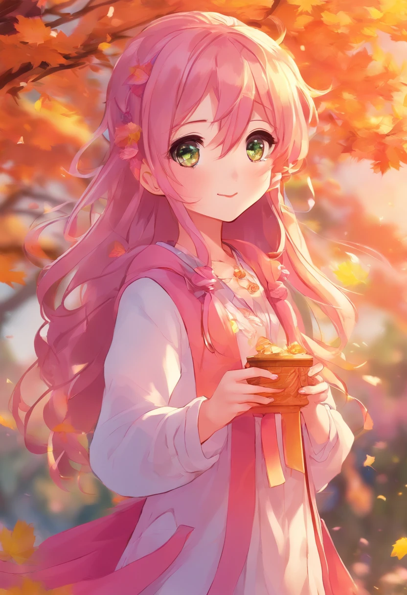 1girl, (perfect face), detailed pupils , In the midst of a vibrant autumn scene, a girl with long hair and purple eyes stands with a pink cardigan, her hair adorned with star hair ornaments and ginkgo leaves. The foreground is intentionally blurry, creating a depth of field that accentuates the beauty of the falling autumn leaves. Her sleeves extend past her wrists, and she covers her mouth, giving her a mysterious allure. As the sun sets behind her, a campfire and an explosion of colors paint the sky. It's a breathtaking festival moment, like something out of a dream.