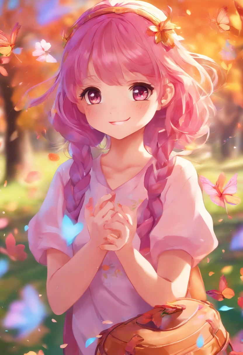 1girl, (perfect face), detailed pupils , In the midst of a vibrant autumn scene, a girl with long hair and purple eyes stands with a pink cardigan, her hair adorned with star hair ornaments and ginkgo leaves. The foreground is intentionally blurry, creating a depth of field that accentuates the beauty of the falling autumn leaves. Her sleeves extend past her wrists, and she covers her mouth, giving her a mysterious allure. As the sun sets behind her, a campfire and an explosion of colors paint the sky. It's a breathtaking festival moment, like something out of a dream.