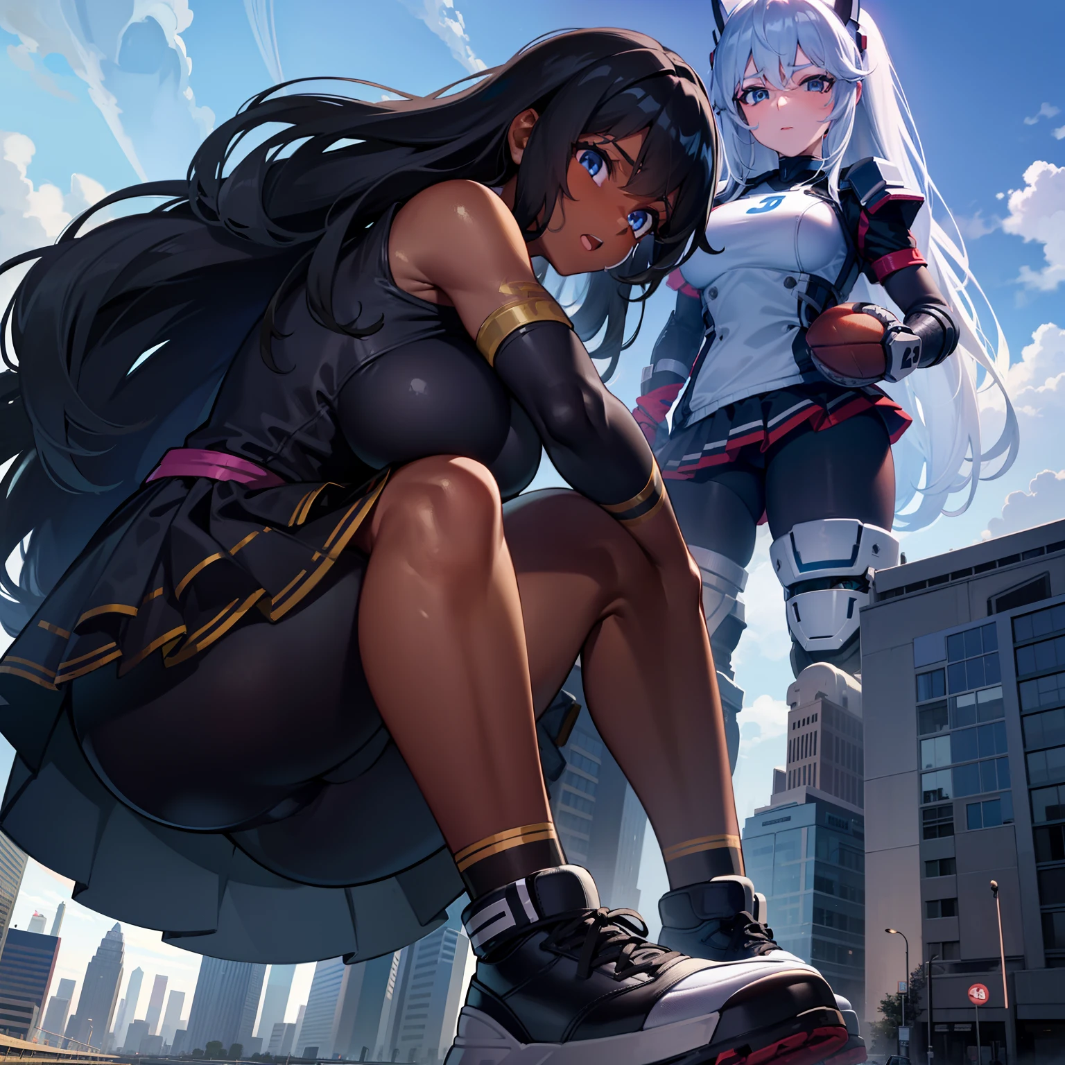 Gts,dark skinned female,dark skinned,football helmet,foot ball jersey,shoulder pads wide shoulders,Gtscity,cityscape clouds,stadium black hair,dreadlocks,blue eyes,meduim breast,football sneakers,Looming,wearing helmet,knee pads,best quailty,masterpiece