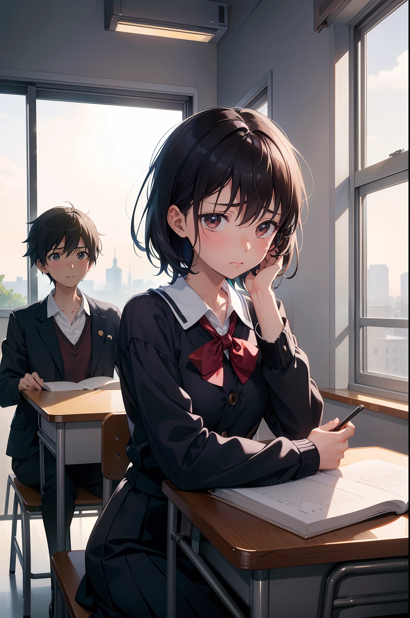 Masterpiece,  top quality,  One Girl ,  disgusting ,  brown hair,  high ponytail ,  purple eyes,  red scrunchy , Toka School ,  white shirt,  collared shirt ,   long sleeve  ,  ties,   gray skirt,  pleated skirt at the top of the screen,  knee-high,  Watching Viewers ,  is sitting,   Cross Legs,  puts her hand on her chin ,  headrest,  elbow rest , chair,  school desk, classroom、 sex、 boobs、Nipples