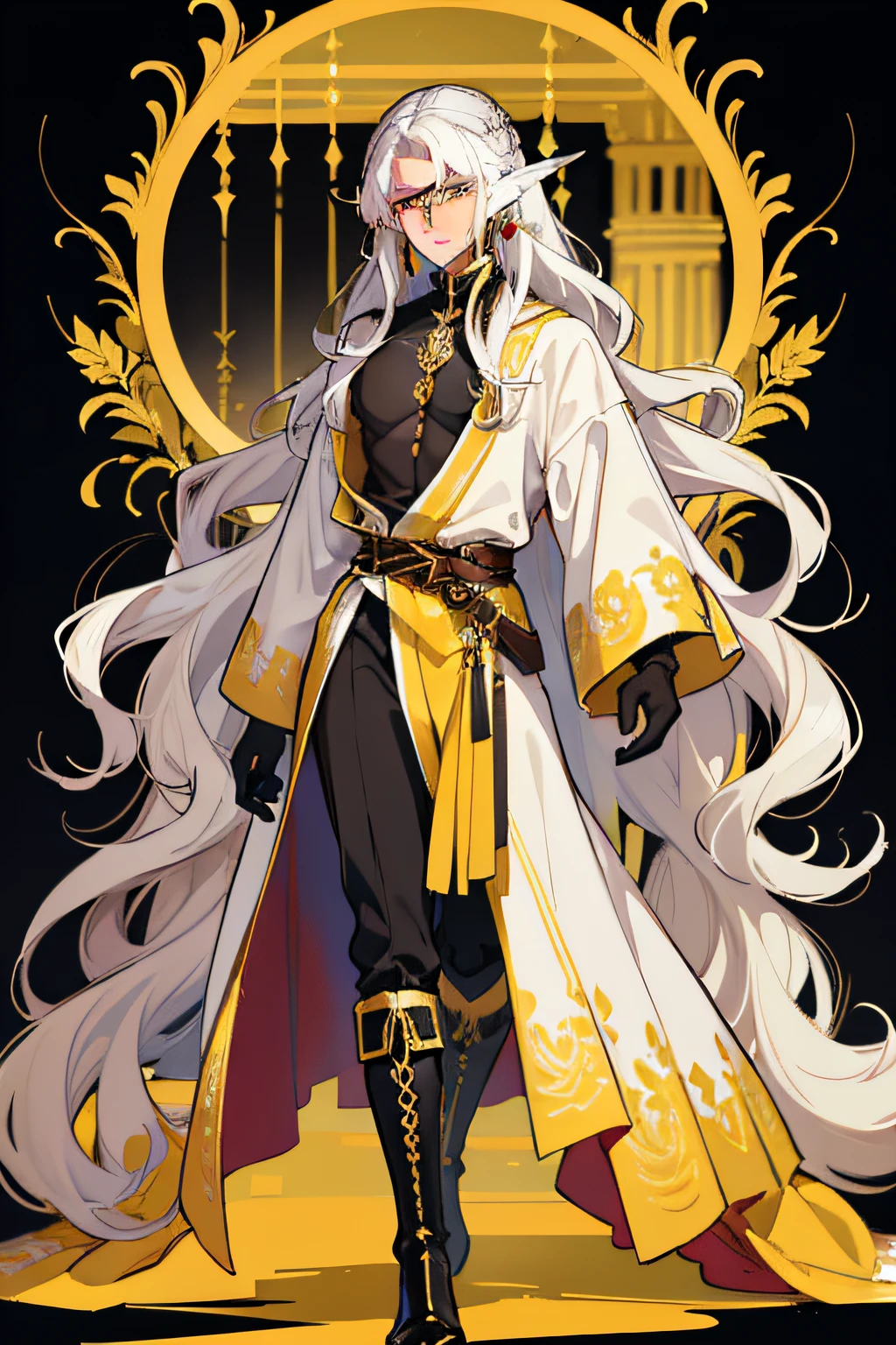 masterpiece, 1boy, sweet expression, gentle, wavy hair, long flowing white hair, narrow eyes, handsome, feather earrings, black and golden long robe, chest window, yellow eyes, lean body, gloves, elf ears, lineart, black overknee boots
