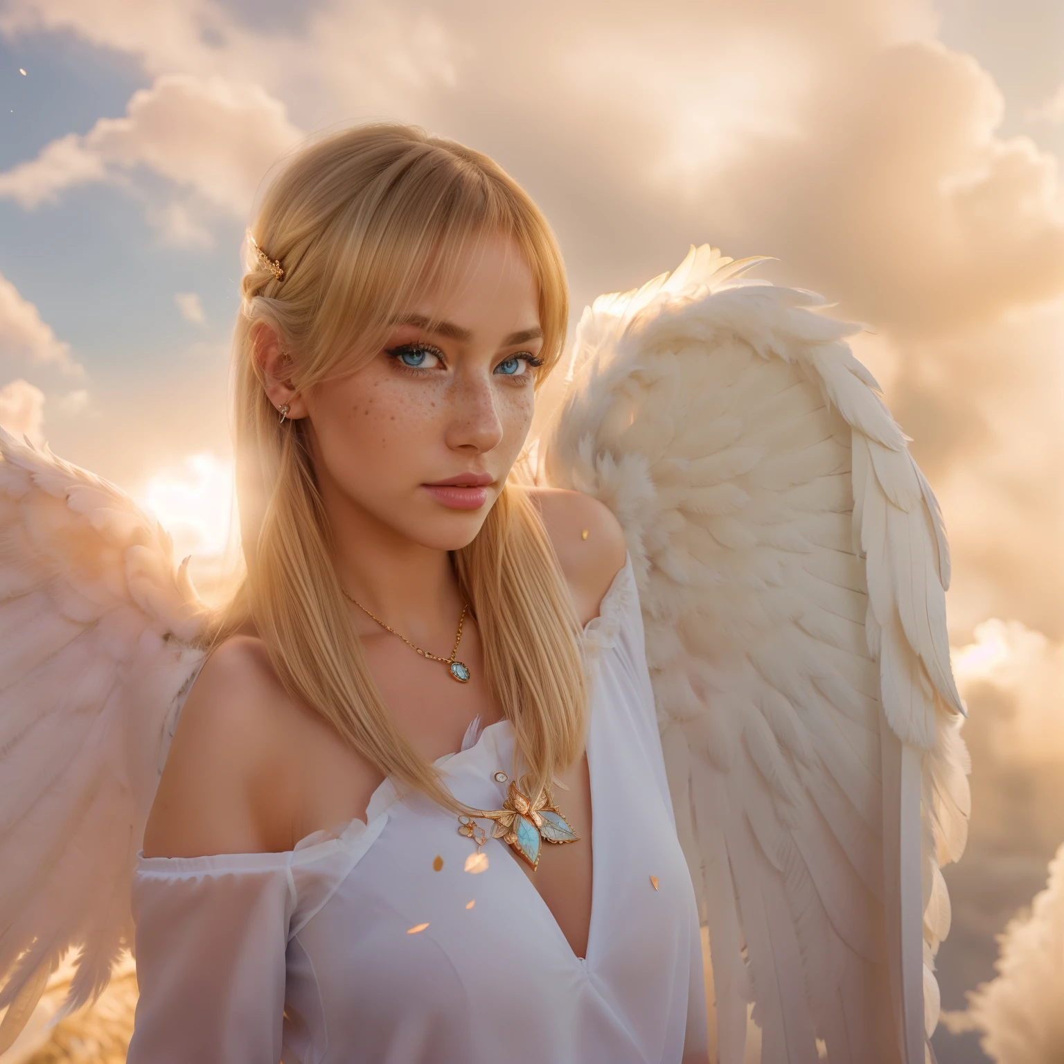 fluffy wings, hairsh, covering the forehead, Sky background with clouds, hyper realistic, Ultra detailed photo of European angel woman, blonde, blue eyes, Halo, feathers, wings, whitedress, diadem, golden jewelery, glittering, Fractal Details of Sunlight, Depth of field, HOF, Hall of Fame, detailed gorgeous face, Apocalyptic environment, natural body posture, Professional Photographer, Shot with a professional SLR camera, Trending on ArtStation, 64 thousand., 8K, 4k, Ultra Detailed, Ultra-precision detail, bokeh lighting, surrealism, Thomas Kincaid's backstory, urban, Ultra Unreal Engine, WLOP, Pauline Voß, Pascal Quidault, , Christian Schob, Martina Fackova, Intricate, Epic, freckles, peach fuzz, Detailed mascara