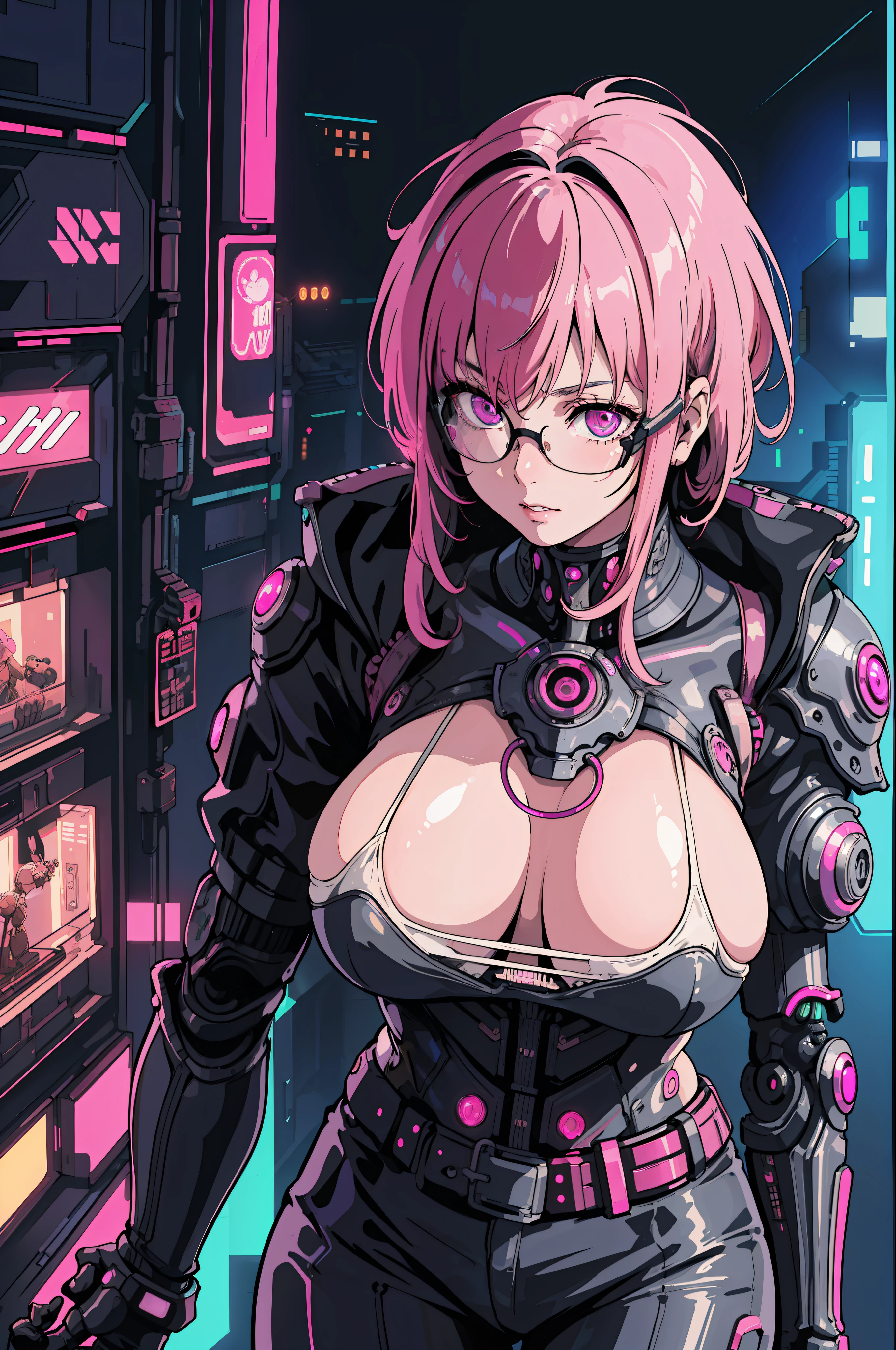 1girl, close-up, intricate details, (cyberpunk:1.4), mechanical arms, glasses, messy hair, (shiny neon armor:1.2), machines, black background, big breasts, pink hair, curvy girl but fit