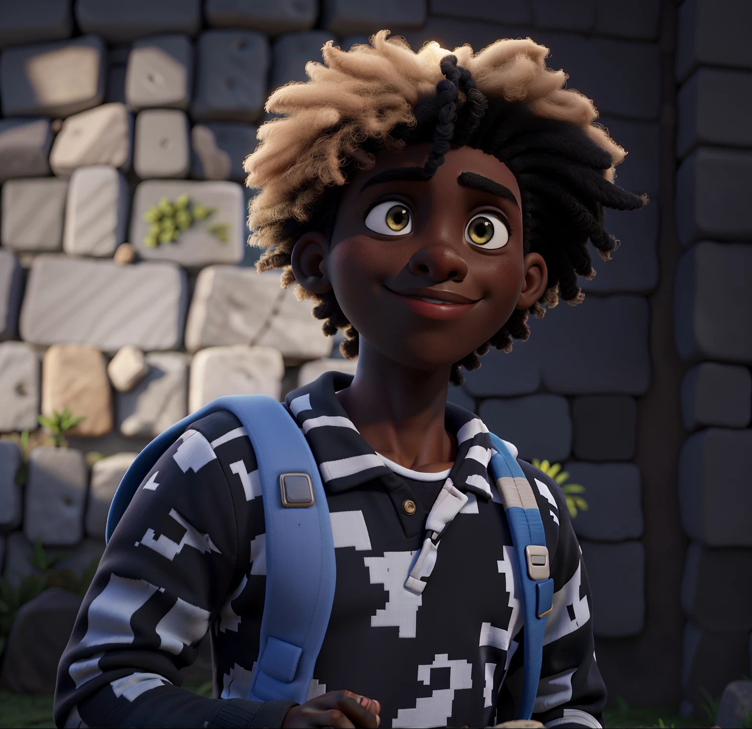 Obra prima de um jovem negro, aproximadamente 30 anos, rosto quadrado, cavanhaque bem detalhado preto, graves, com uma mochila no ombro, roupas elegantes, Estilo Streetwar, lindo e elegante, Black-Power Black Hair with Sharp Details Blonde Strands, bem iluminado, sunset lighting, Ao fundo, um muro feito com pedras e ao lado um coqueiro lindo, Blurry background in high definition, The work should be in crisp 8K with cinematic lighting