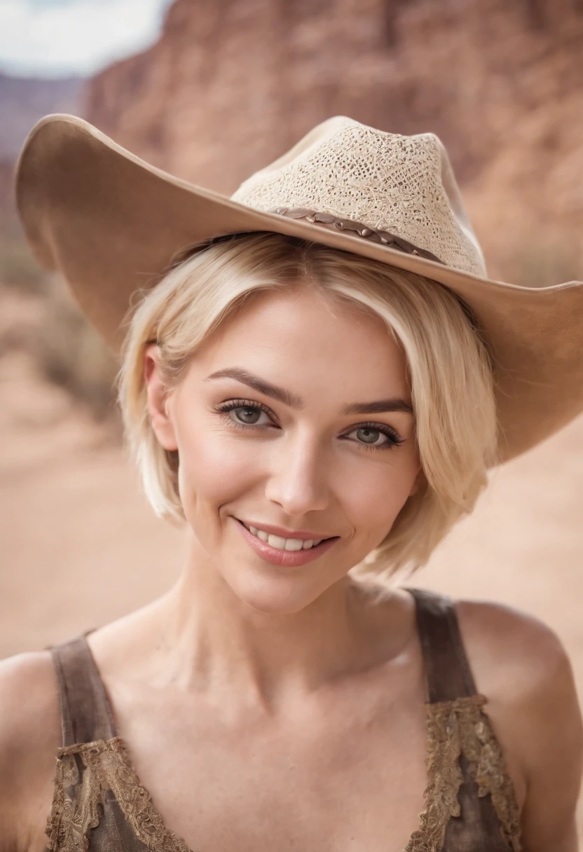 Blonde woman with short haircut and a hat in wild west smiling, gunslinger