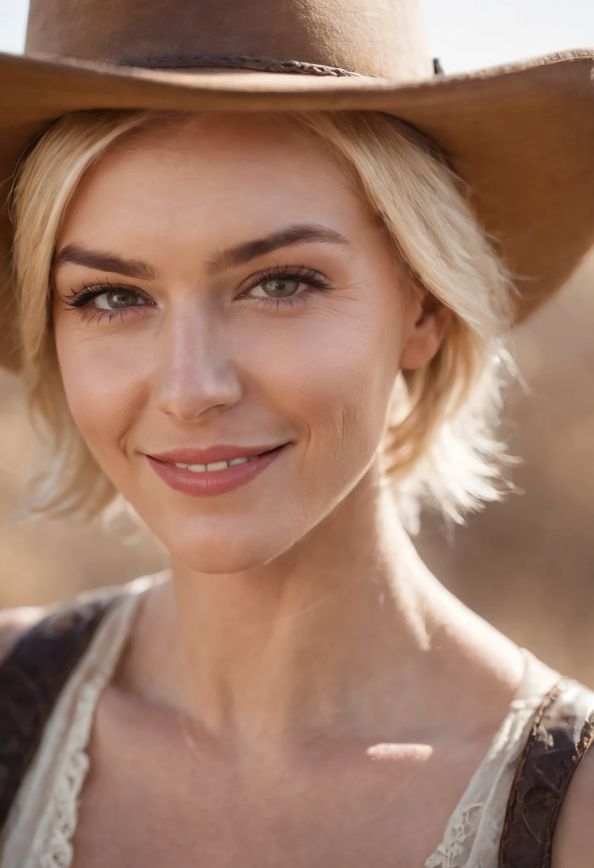 Blonde woman with short haircut and a hat in wild west smiling, gunslinger