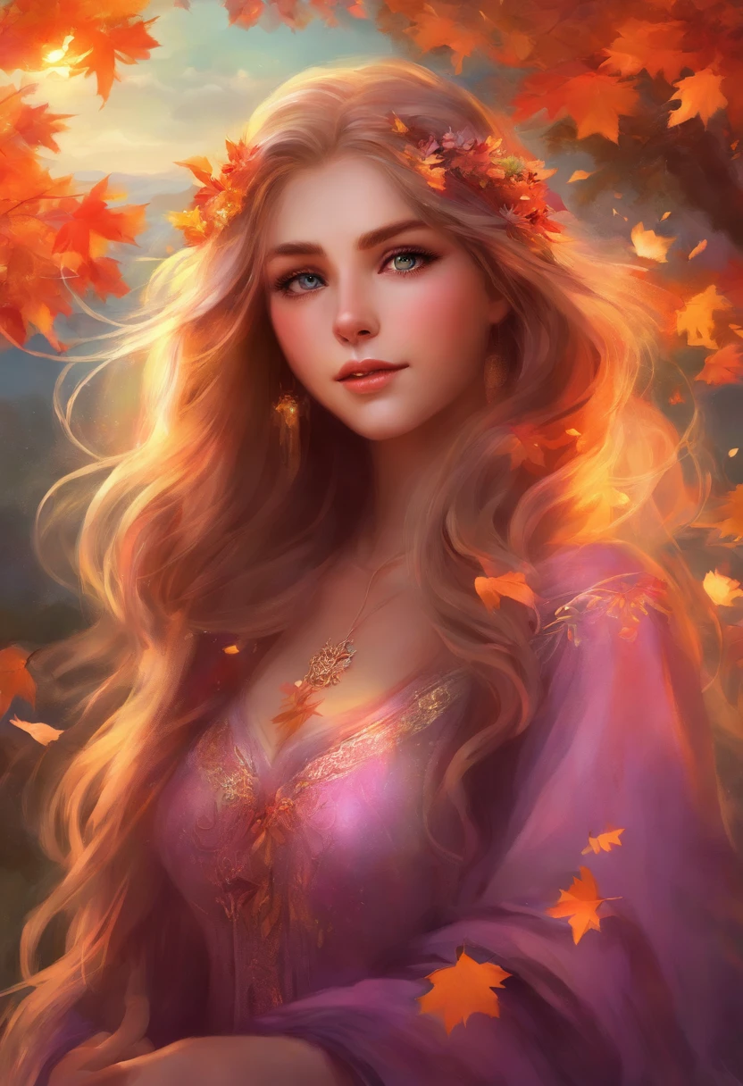 1girl, (perfect face), detailed pupils , In the midst of a vibrant autumn scene, a girl with long hair and purple eyes stands with a pink cardigan, her hair adorned with star hair ornaments and ginkgo leaves. The foreground is intentionally blurry, creating a depth of field that accentuates the beauty of the falling autumn leaves. Her sleeves extend past her wrists, and she covers her mouth, giving her a mysterious allure. As the sun sets behind her, a campfire and an explosion of colors paint the sky. It's a breathtaking festival moment, like something out of a dream.