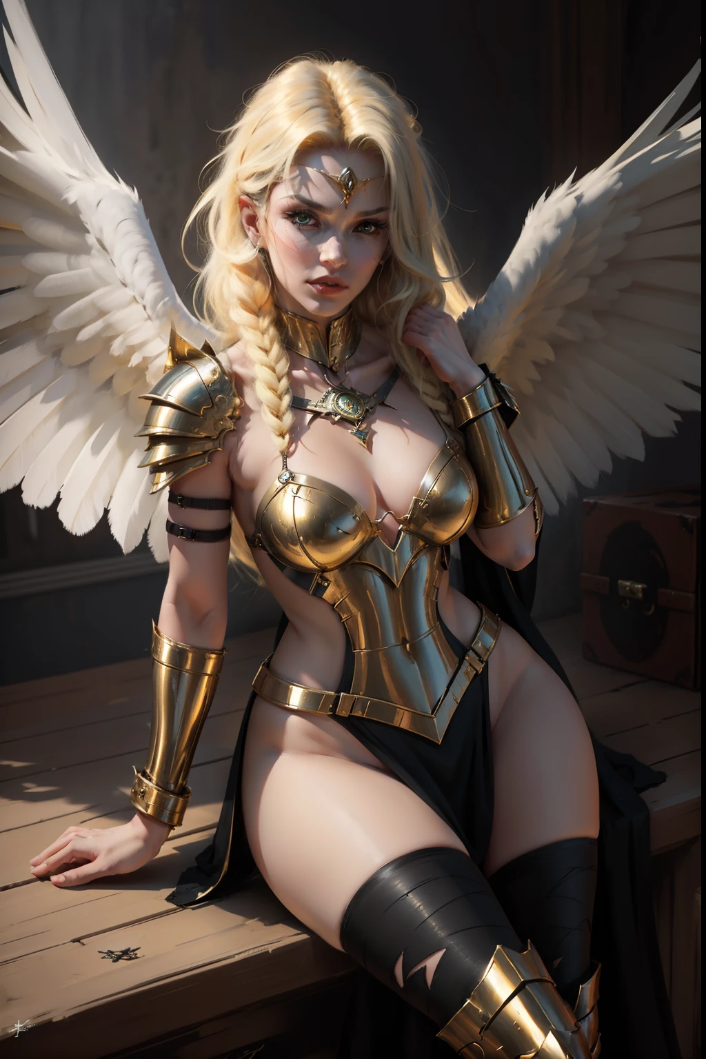 DC Comics' "Hawkwoman" is Shiera Hall, a Hawkgirl in DC Comics. She is often portrayed with the following physical characteristics:
Hair: Shiera Hall has long blonde hair, usually worn loose or slightly wavy.
Eyes: Her eyes are portrayed as blue or green, depending on artistic interpretation.
Outfit: Shiera Hall's classic outfit consists of a warrior outfit that includes golden or tan armor that covers her chest and shoulders. She wears a skirt or tunic also in shades of bronze, as well as boots and bracelets.
Wings: Like Hawkgirl, Shiera has artificial wings on her back that allow her to fly. These wings are often depicted with a metallic appearance.
Clothing: Kendra Saunders's attire is generally more modern and combat-oriented than Shiera Hall's. She wears a full-body costume, often in black and silver, with wing details incorporated into the back and tall boots.
Wings: Kendra also possesses wings that allow her to fly, but they are often depicted as an integral part of her attire, more stylized than the separate wings worn by Shiera Hall, (slender body: 1.5), (Minimal clothing: 1.5), ( big breasts: 1.3), (hanging breasts: 1.5), (disproportionate breasts: 1.4), (realism:1.5), (Realisitc:1.4), (Absurd:1.4), 8k, ultra-detailed, detailed handsome man, (only :1.4), 1girl, (Viewer facing:1.2), Intricate body details, (Curvy:1.3), (short:1.3)