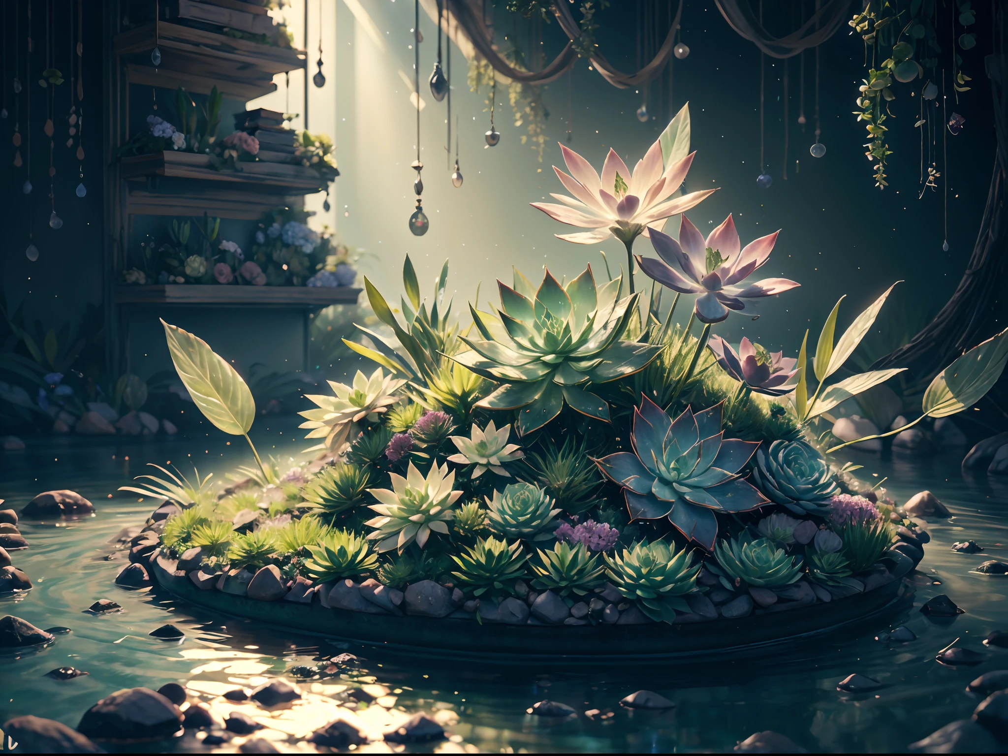 obra-prima da escultura de vidro com plantas, flores e rochas dentro, water, brilho, fantasia, alta qualidade, alto detalhe, melhor qualidade, succulent, rtx, 4k, 8k, (bright light:1.4)