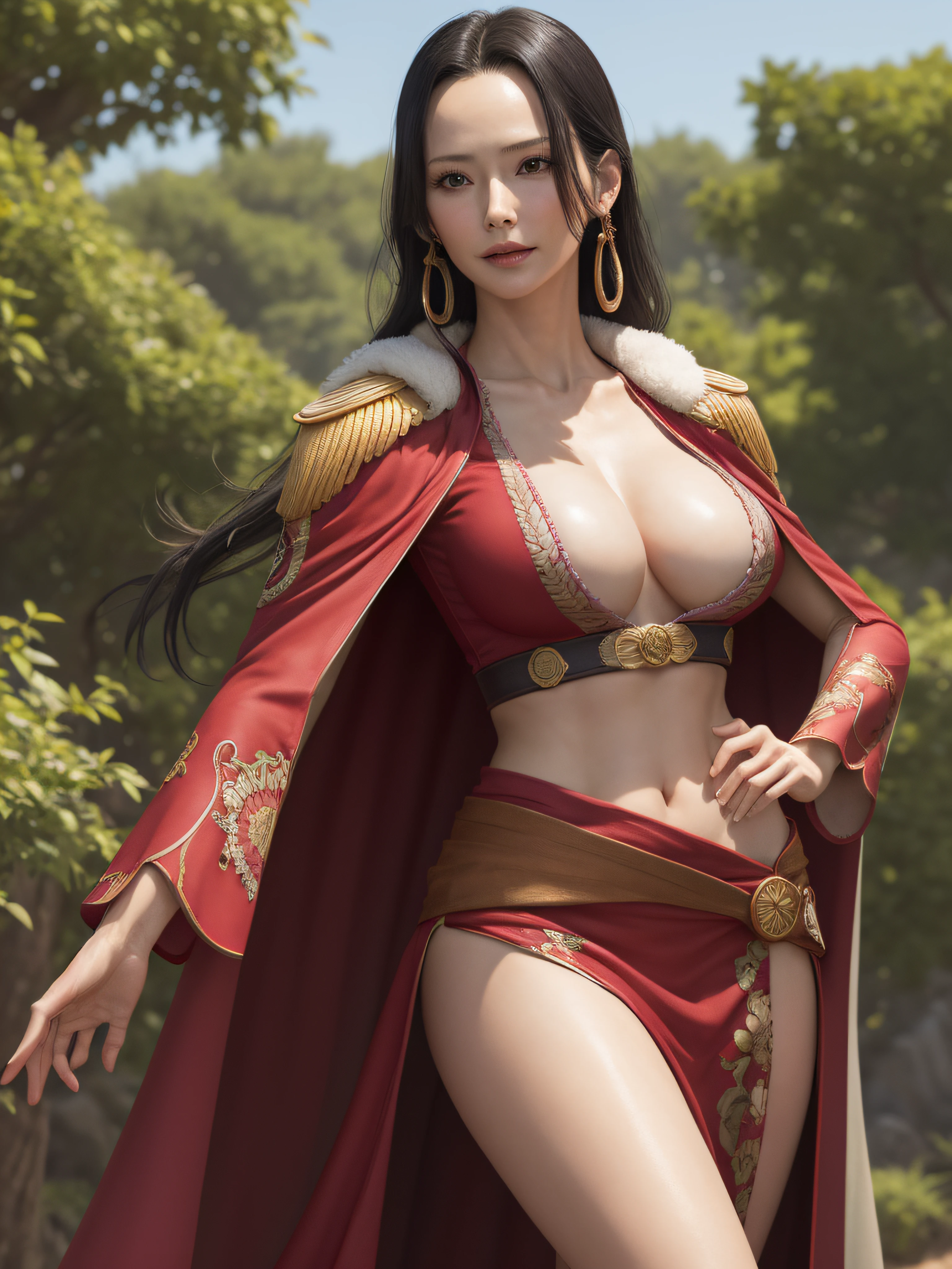 masterpiece, best quality, highres, hancock1, boa hancock, large breasts, epaulettes, cape, crop top, side slit, , stading, outdoors,