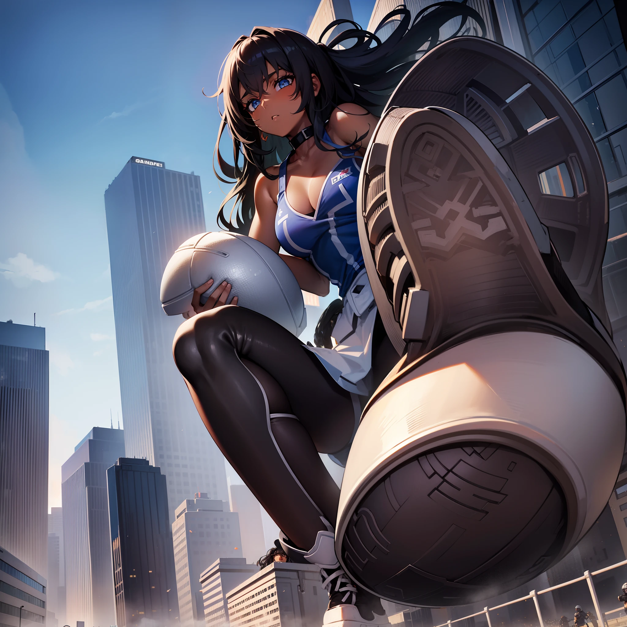 Gts,dark skinned female,dark skinned,football helmet,foot ball jersey,shoulder pads wide shoulders,Gtscity,cityscape clouds,stadium black hair,dreadlocks,blue eyes,meduim breast,football sneakers,Looming,wearing football helmet,knee pads,best quailty,masterpiece