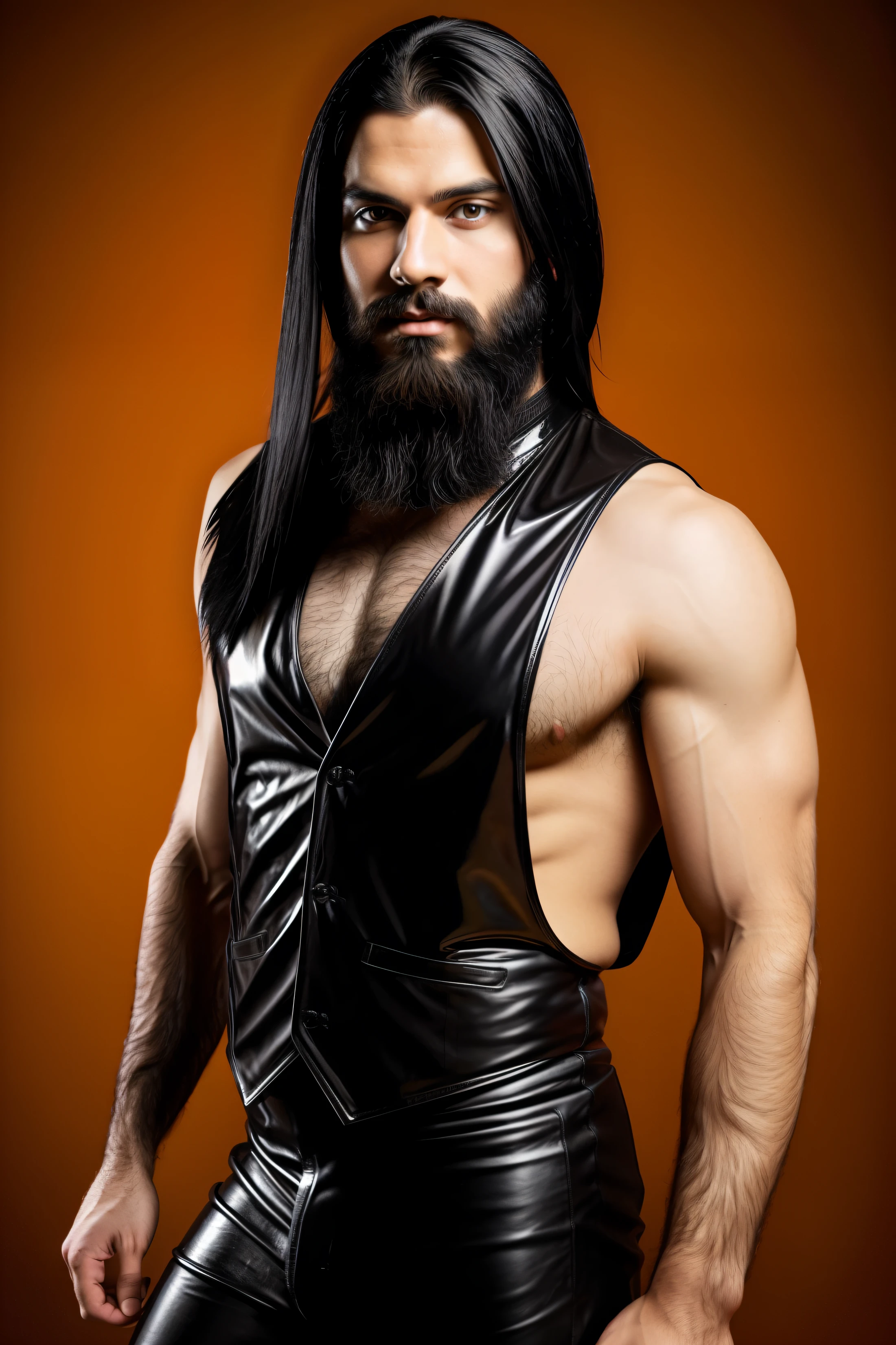 Young man. he has long shiny straight black hair. And a long beard on his chin. He is dressed in a black leotard with a picture of the devil. He has black shiny leather pants. And a black vest with Orange edges