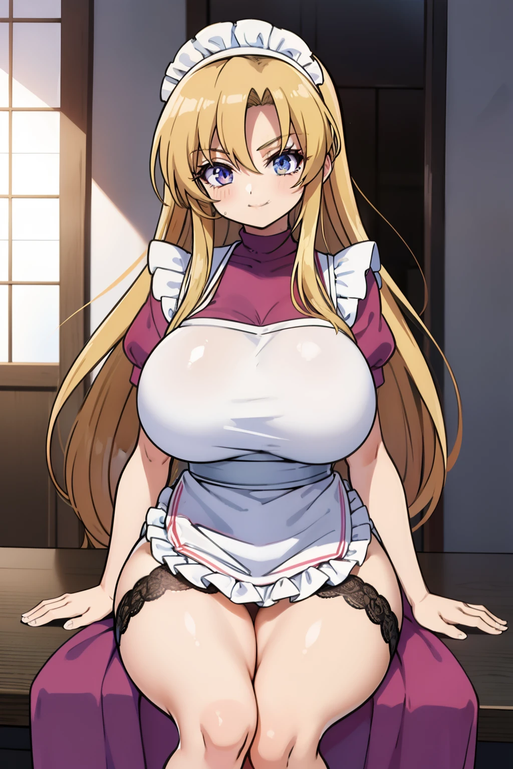 1990s anime cels style, Cartoon style of the 1990s, flat color, vivid colors, best quality, high resolution, In the style of Nobuteru Yuki, blonde hair, long hair, maid apron, Inspired by Shirou Masamune, glasses, indoors, large breasts, retro anime, sharp, Defined lines, Detailed, makeup, Beautiful face, gorgeous eyes, closed eyes, smile, ;D, sitting, black garter belt