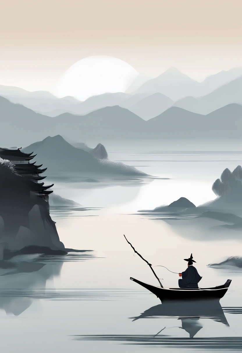 There was a man on the boat fishing on the river，nevando，((White snow))，snowfield，((snow landscape))，The background is mountains,（ Chinese painting style）, Traditional Chinese painting, （Chinese style painting），（ink wash style）），Chinese landscape,Wearing a cloak，Wear a gown