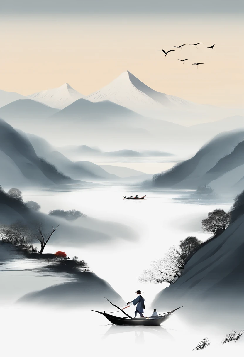 There was a man on the boat fishing on the river,nevando,((White snow)),snowfield,((snow landscape)),The background is mountains,( Chinese painting style), Traditional Chinese painting, (Chinese style painting),(ink wash style)),Chinese landscape,Wearing a cloak,Wear a gown