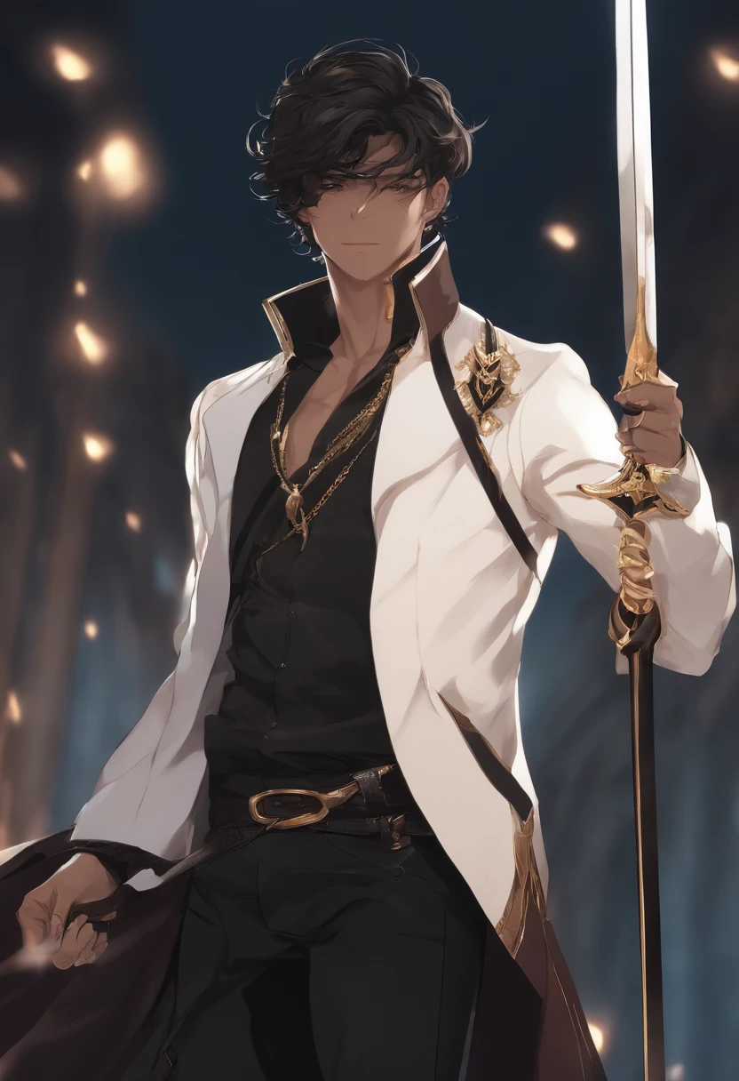 homem de cartola preta, gravata preta, terno preto, espada na cintura, tridente preto nas costas, style cartoon, style anime, anime boy soft