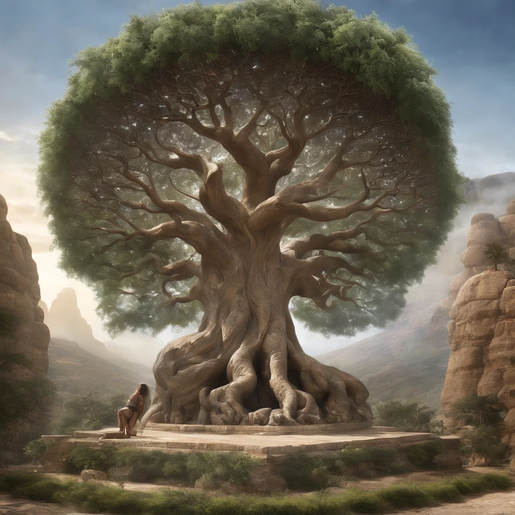 "Thor, El Dios Antiguo, torres como un gigante, An embodiment of divine power and majesty. Your skin is a warm light brown, y un largo, La barba gris que fluye cae en cascada hacia abajo, signifying his eternal wisdom. Lleva una capa opulenta, A fusion of antique design and high-tech glitter, hinting at both an archaic and advanced civilization. La capa brilla con patrones intrincados, posiblemente circuitos o mapas celestes. Adornando su cabeza hay una corona, tanto regio como futurista, tachonado de gemas que pulsan con luz. Wrapped around his left wrist is a high-tech watch., His face is a mixture of holographic screens and Sumerian glyphs.. En su mano derecha, sostiene un dispositivo, Energy whirlpools, Un abridor de portal a otros reinos u horas. Su mano izquierda agarra firmemente una bolsa antigua, Su contenido es un misterio profundo pero irradia un aura de otro mundo. Sprouting from its back are magnificent golden eagle wings, Large in wingspan and shining in the ethereal light. Stand resolutely in front of the Tree of Life, Its branches and roots intertwined in an eternal dance of creation and knowledge. Backdrop reveals vast high-tech temples, Large structures with bright symbols, y plataformas levitantes. Enclavado entre estas maravillas, un cuenco sostiene una Tierra en miniatura, Girando lentamente, A tribute to the planet and dominion over it."