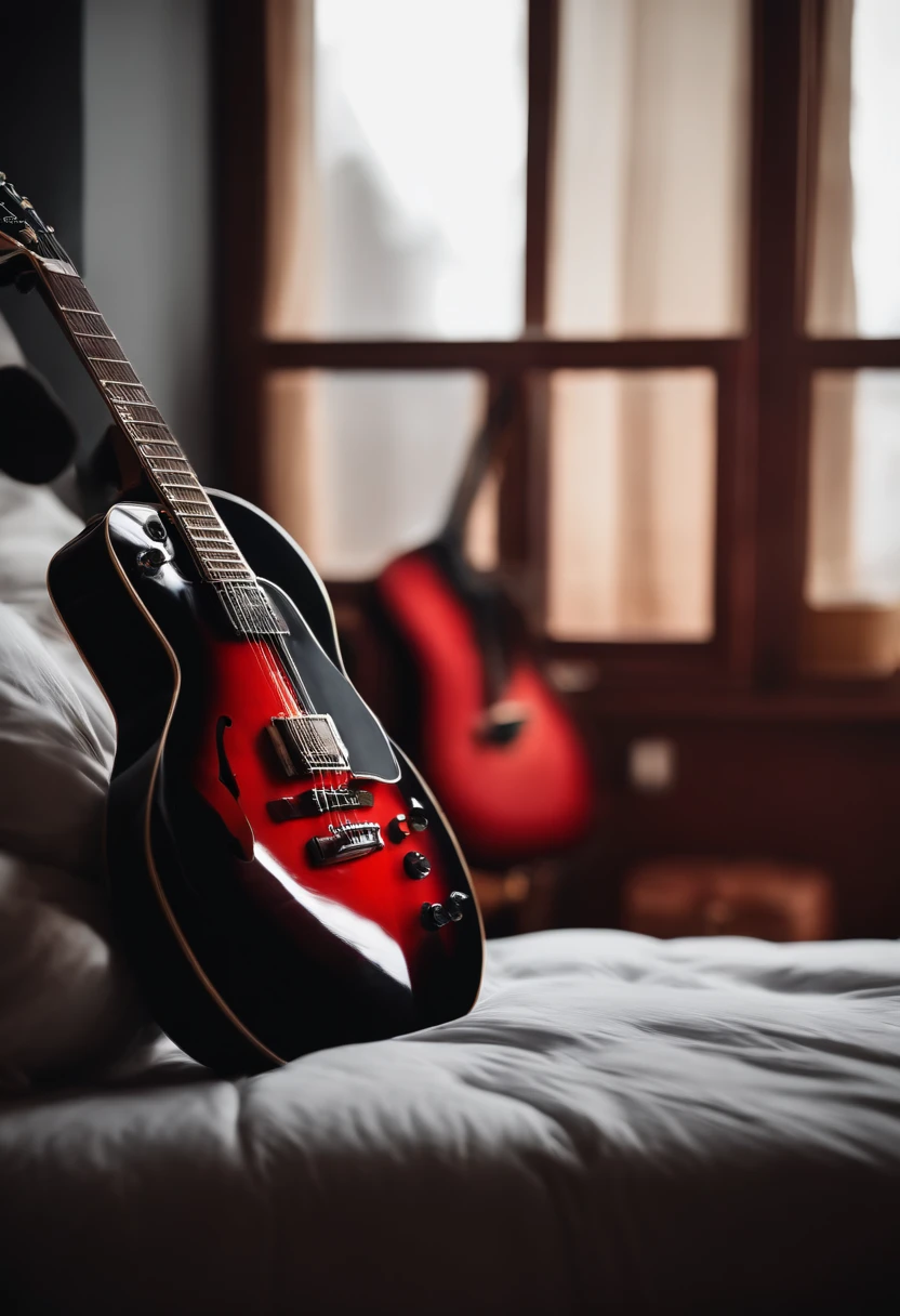 Red and black guitar、Beauty on the bed