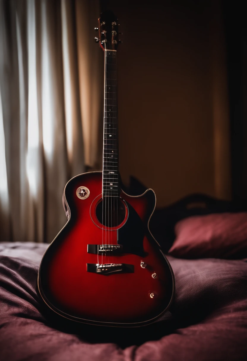 Red and black guitar、Beauty on the bed