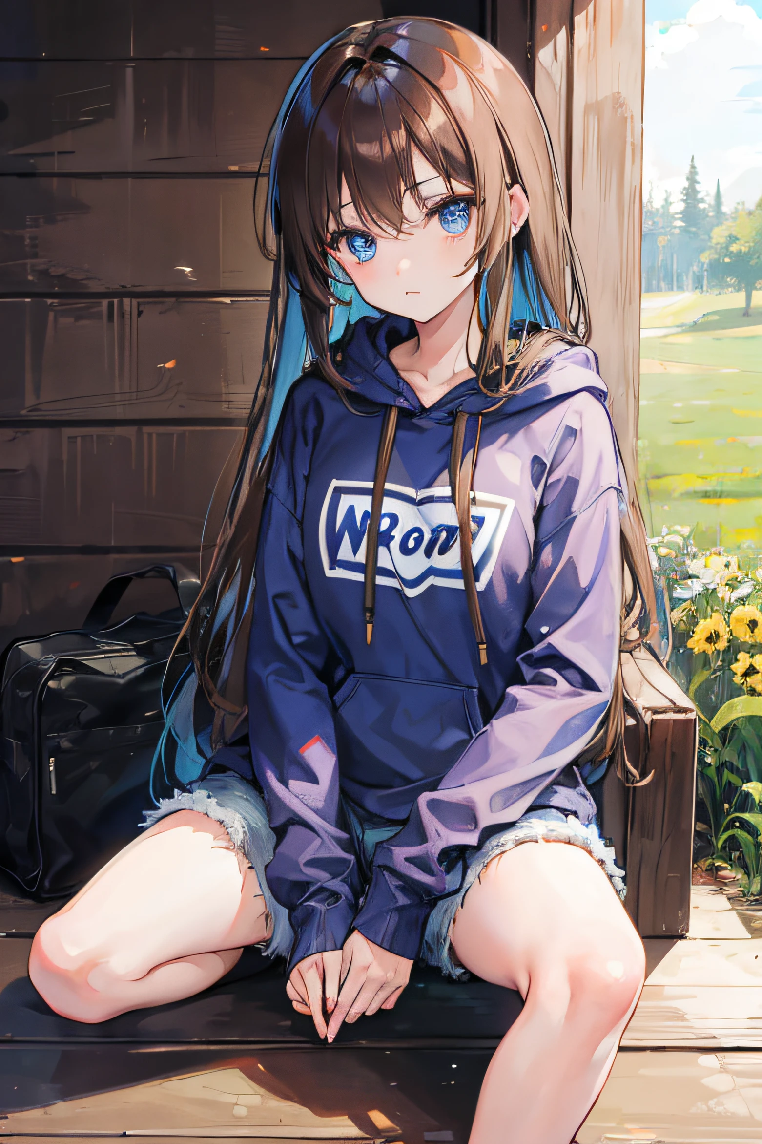 1girl, long brown hair, blue eyes, wearing hoodie, denim shorts, woods, looking at viewer