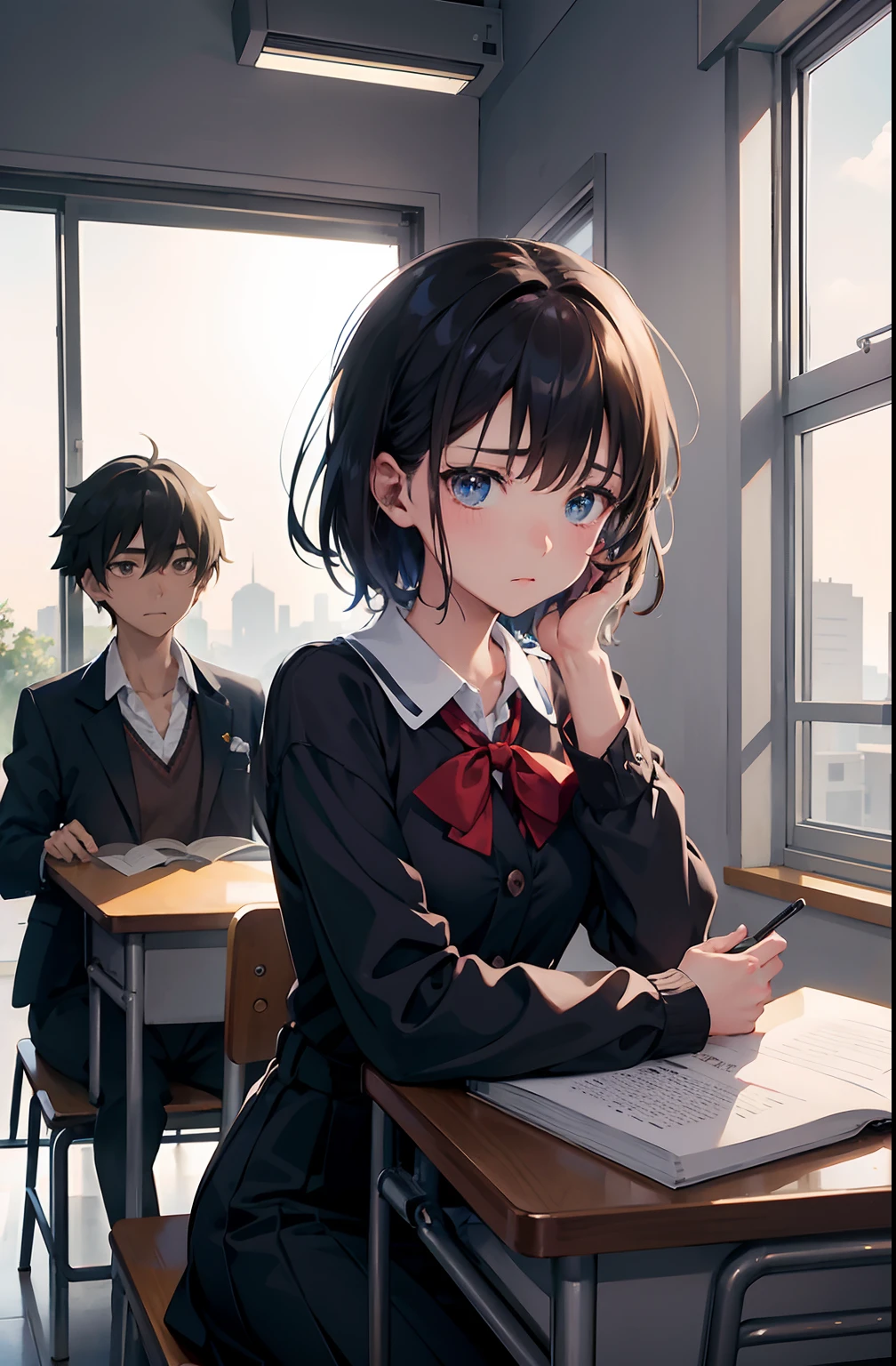 Create an exquisite illustration reminiscent of Makoto Shinkai's style, characterized by its superfine detail and top-tier quality. In a school classroom, a poignant scene unfolds. A young girl sits at her desk, her gaze lowered as she looks down in shyness and embarrassment, her cheeks tinted with a blush. In the background, a male student sits at his desk, his eyes fixed on her, a quizzical expression on his face. He watches her with a mix of curiosity and empathy, trying to decipher the emotions hidden behind her downcast gaze. The classroom is bathed in the soft, diffused light filtering through the windows, casting a gentle and intimate atmosphere over the moment. It's a scene that captures the vulnerability and connection between two students, each experiencing a unique and unspoken emotion in the quiet of the classroom