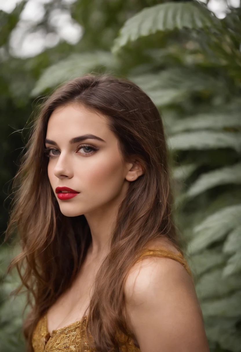 (melhor qualidade,4k,Altas,master part:1.2),ultra-detalhado,(Realistic:1.37) uma menina de 14 anos com, Flowing, cabelos loiros claros e avermelhados que lembram uma panela, e ela tem um estilo rock rebelde. Your hair is vibrant and full of movement, com fios caindo em seu rosto e ombros. His eyes are piercing and stand out, with a mix of blue and green that reflects his wild and adventurous spirit. She has beautifully detailed lips, pintada em um tom vermelho ousado que combina com sua personalidade ousada. The girl is standing confidently in a lush garden, surrounded by vibrant flowers in various colors, como vermelho, Purple, e amarelo, creating a captivating and magical atmosphere. Ela usa uma jaqueta de couro com tachas e adesivos de metal, encarnando o estilo roqueira rebelde. Her look is complete with ripped jeans and studded boots, dando-lhe uma vantagem de roqueiro. In the background, There is a stage with a rock band playing energetic music, enhancing the atmosphere of rebellion and passion. The lighting is dynamic and dramatic, com holofotes iluminando a menina e o palco, criando uma cena hipnotizante. The overall color tone of the art is vibrant and bold, com uma mistura de tons intensos como o vermelho, Purple, e amarelo, Capturing the spirit of rock and roll.