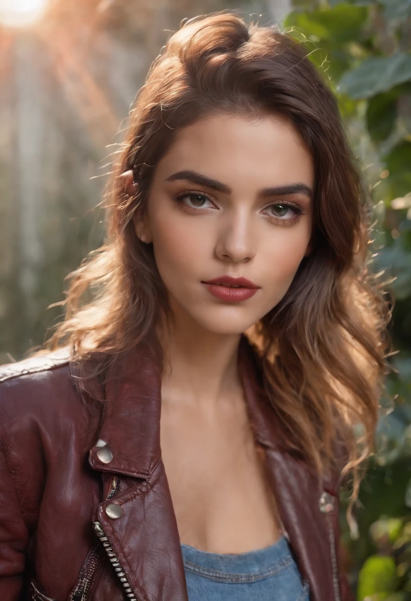 (melhor qualidade,4k,Altas,master part:1.2),ultra-detalhado,(Realistic:1.37) uma menina de 14 anos com, Flowing, cabelos loiros claros e avermelhados que lembram uma panela, e ela tem um estilo rock rebelde. Your hair is vibrant and full of movement, com fios caindo em seu rosto e ombros. His eyes are piercing and stand out, with a mix of blue and green that reflects his wild and adventurous spirit. She has beautifully detailed lips, pintada em um tom vermelho ousado que combina com sua personalidade ousada. The girl is standing confidently in a lush garden, surrounded by vibrant flowers in various colors, como vermelho, Purple, e amarelo, creating a captivating and magical atmosphere. Ela usa uma jaqueta de couro com tachas e adesivos de metal, encarnando o estilo roqueira rebelde. Her look is complete with ripped jeans and studded boots, dando-lhe uma vantagem de roqueiro. In the background, There is a stage with a rock band playing energetic music, enhancing the atmosphere of rebellion and passion. The lighting is dynamic and dramatic, com holofotes iluminando a menina e o palco, criando uma cena hipnotizante. The overall color tone of the art is vibrant and bold, com uma mistura de tons intensos como o vermelho, Purple, e amarelo, Capturing the spirit of rock and roll.