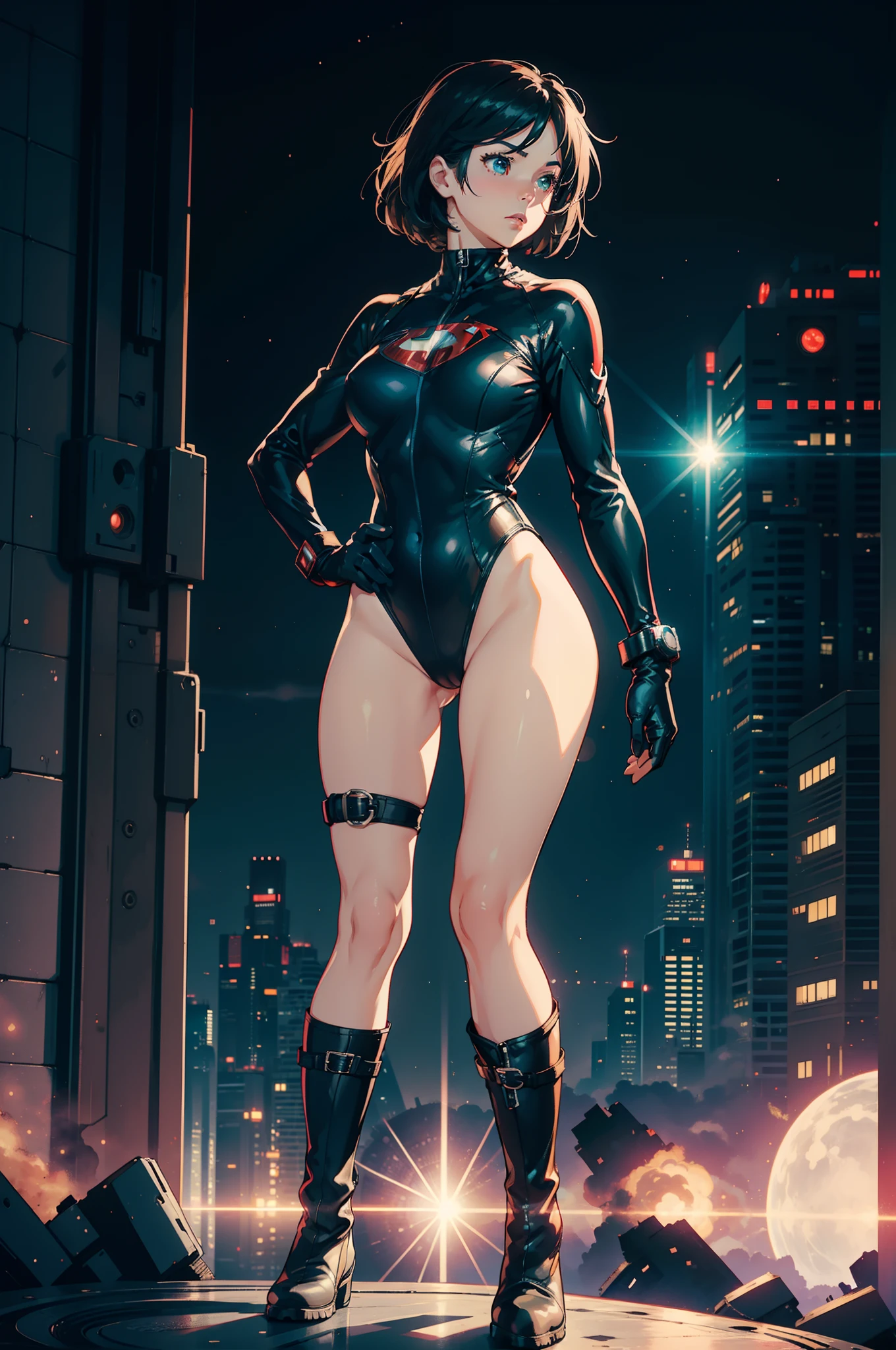 1girl. solo, mature woman, superhero, (leotard, bare legs, boots, gloves), (surrounded by atoms, particles), hand on hip, city backdrop, standing