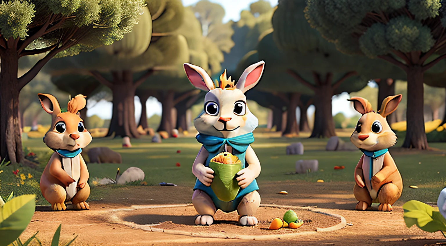 UN CONEJO EN EL BOSQUE COMIENDO CON SUS AMIGOS